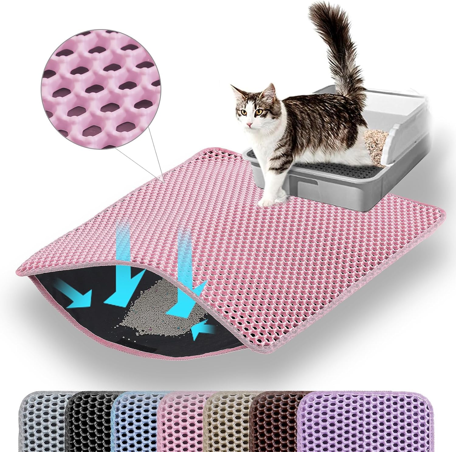 Small Cat Litter Mat, 20x14’’ Double Layer Honeycomb Cat Litter Box Mat, Non Slip Waterproof Urine Proof Litter Trapping Mat for Floor, Kitty Litter Pad, Indoor Pet Supplies, Pink