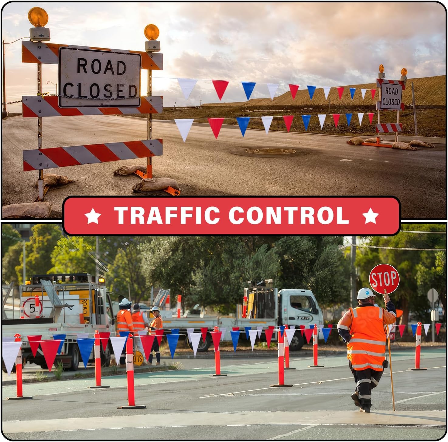 105ft Red White and Blue Pennant Banner Flag, 7"x10" Fluorescent Safety Flagging Banner Warning Flag for Construction Site/Boundary Barrier Signs, Perimeter Marking Flags on String, 45 Flags