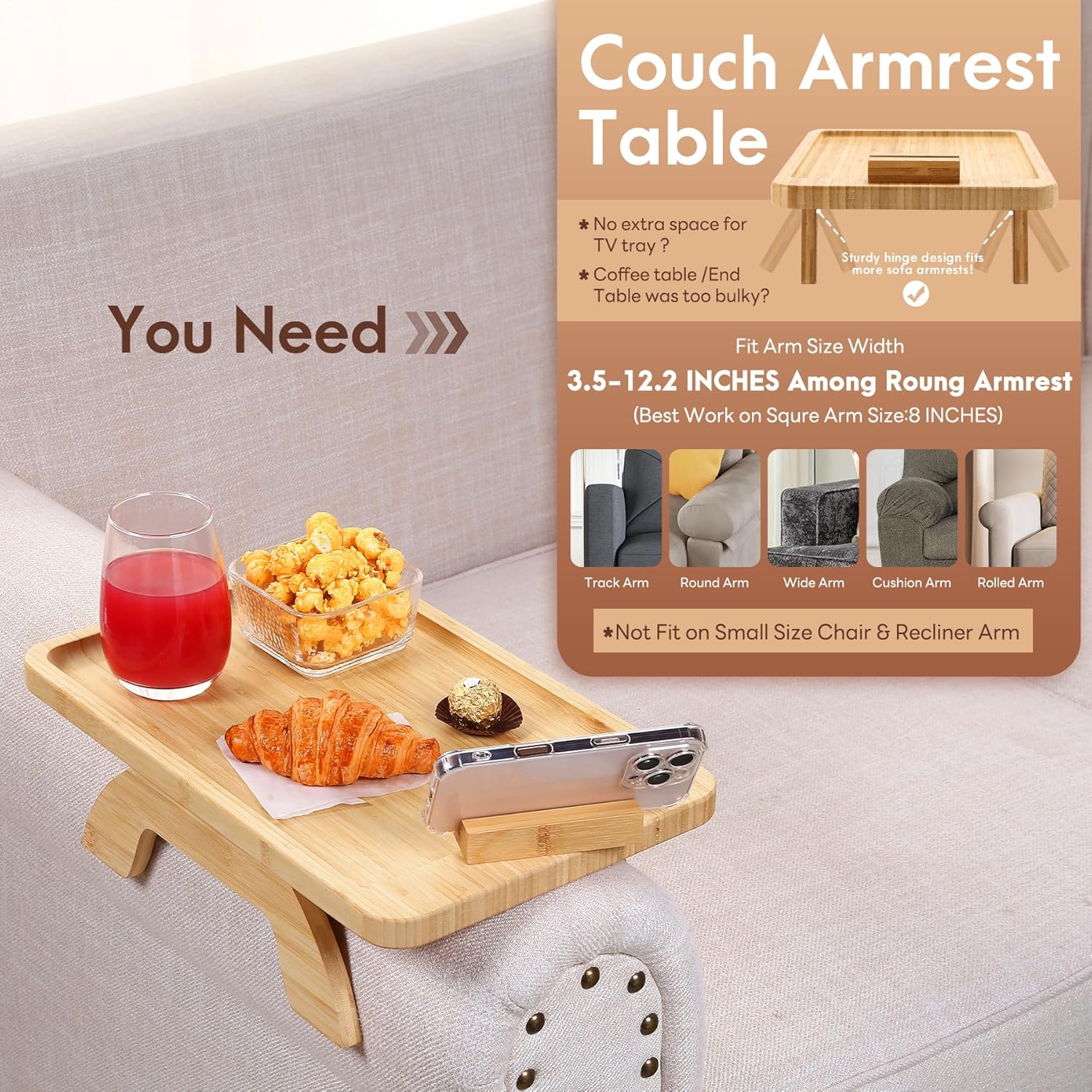 SINWANT Couch Arm Tray,Bamboo Sofa Clip on Side Table,Foldable Couch Armrest Table with 360° Phone Holder,Food Trays for Eating/Drinks/Snacks/Remote