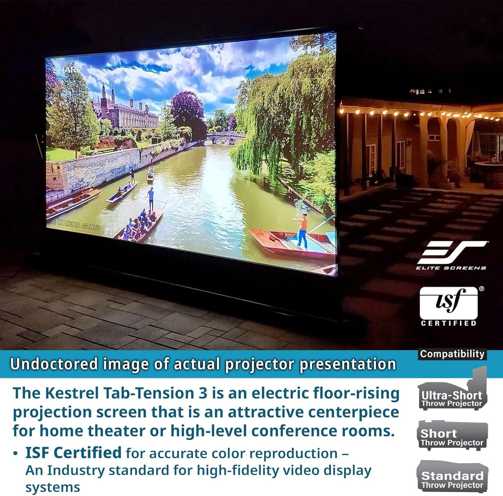 EliteProjector Screens Kestrel Tab-Tension 3 CineWhite, 183" Diag., 16:9 Aspect Ratio, ISF Certified 4K/8K Ultra HD Electric Floor-Rising Motorized Tab-Tensioned Front Projector Screen, FTE183H3