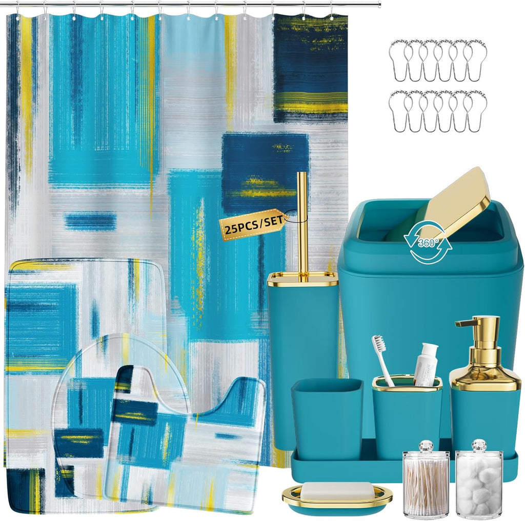 Bathroom Accessories Set - 25PC Bathroom Set with Shower Curtain and Rugs, Teal Blue Bathroom Set, Bathroom Accessory Set with Press-on Lid Trash Can, Soap Dispenser and Qtip Holders