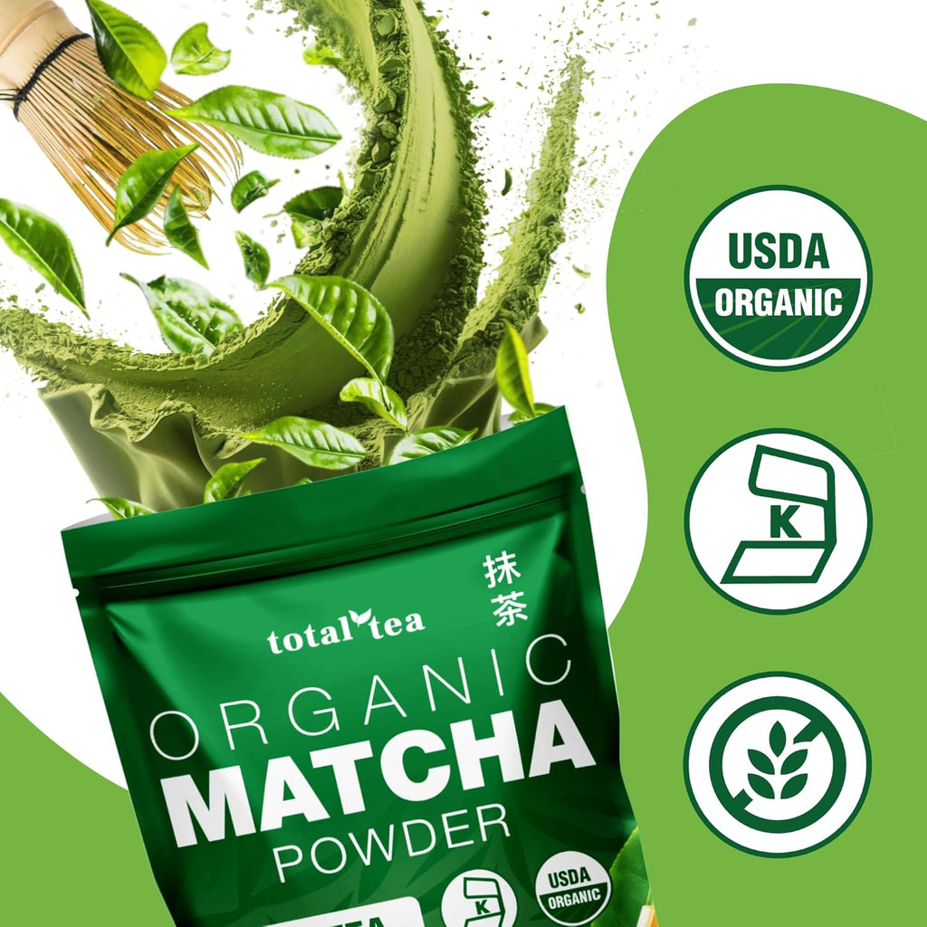 Organic Matcha Green Tea Powder (4-Oz) – Certified USDA Organic Powder for Matcha Latte, Tea, and Smoothies – Kosher, Non-Gmo, Antioxidant Rich Fruit Tea by Total Tea