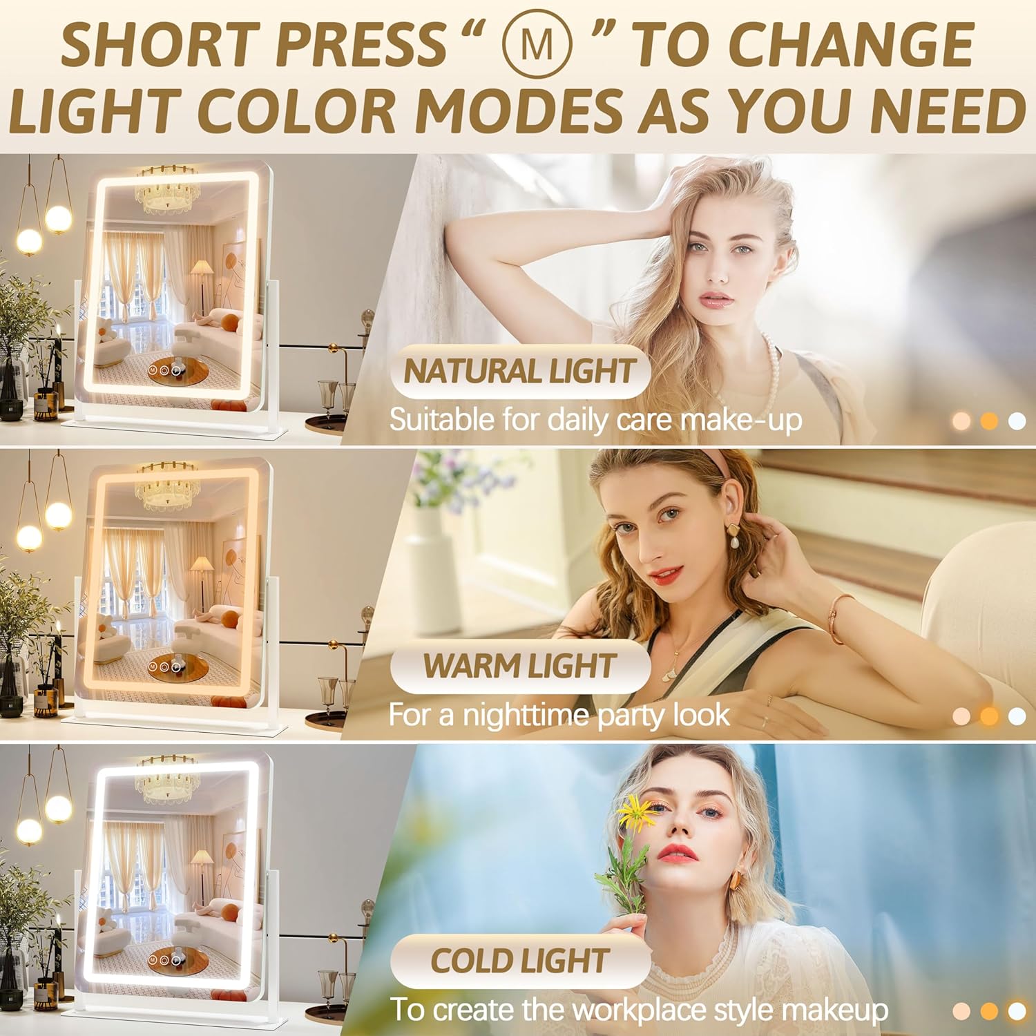 ROLOVE 22x18 Inch Vanity Mirror with Lights, 3 Color Dimmable LED Lighting, Smart Touch Control & 360° Rotation, Large Makeup Mirror for Bedroom, Dressing Room (White)