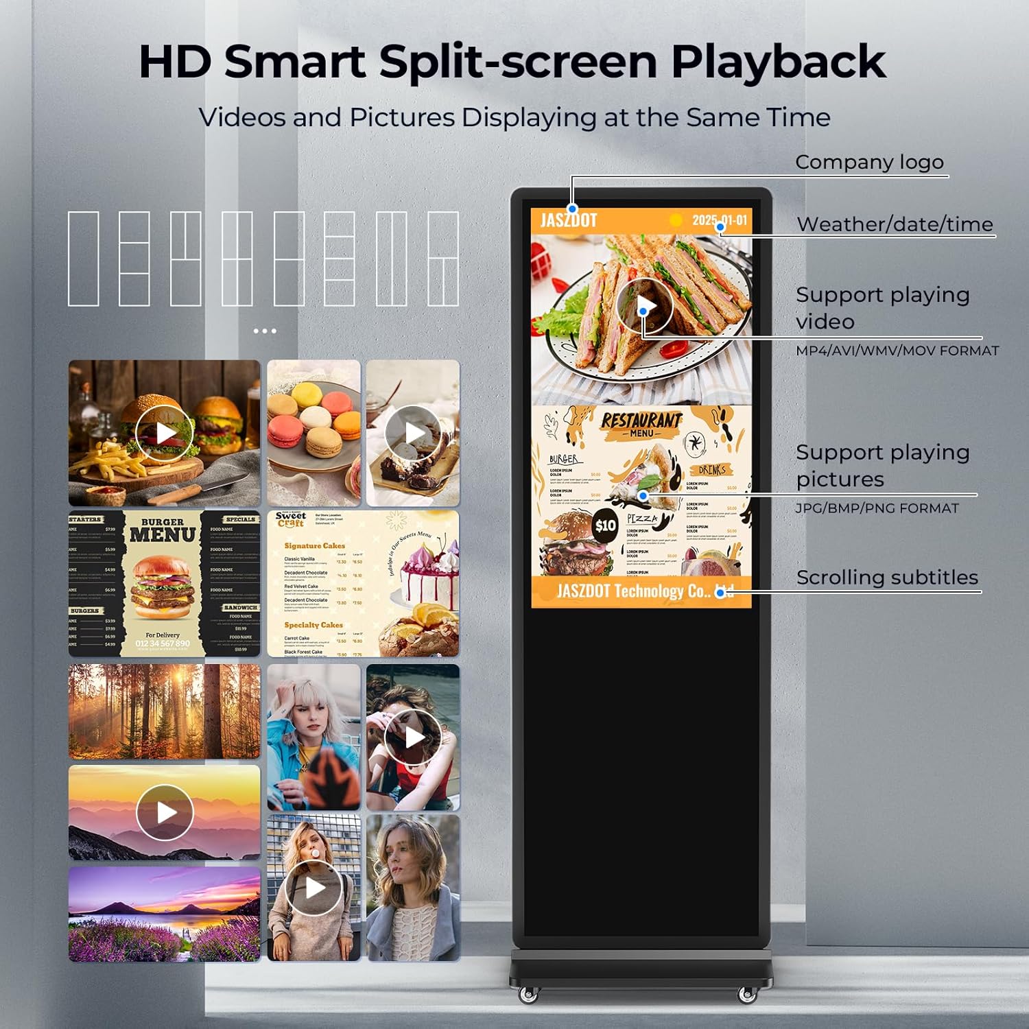 32/43/55/65 Inch Digital Signage Display, LCD Screen Advertising Display Kiosk Interactive Totem Floor Standing Auto AD Player with USB/HDMI/WiFi Android OS (43'' Touch Screen)