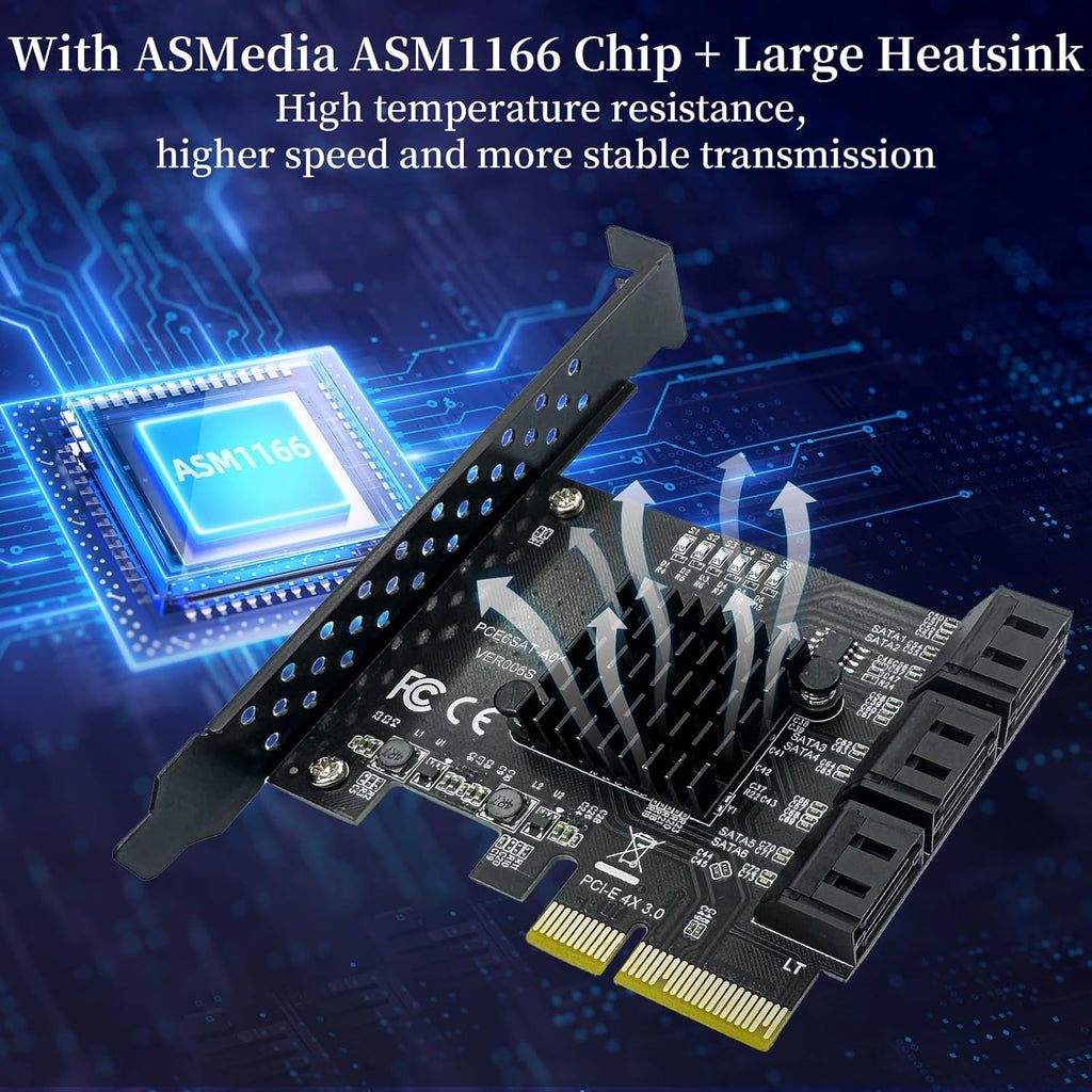 PCIe SATA Expansion Card 6 Ports 4X with ASM1166 Chip - 6Gbps, Gen 3 Controller Adapter, Non-Raid, with 6 SATA Cables & Low - Profile Bracket, Plug and Play for Windows XP/7/8/10, Linux, MAC OS