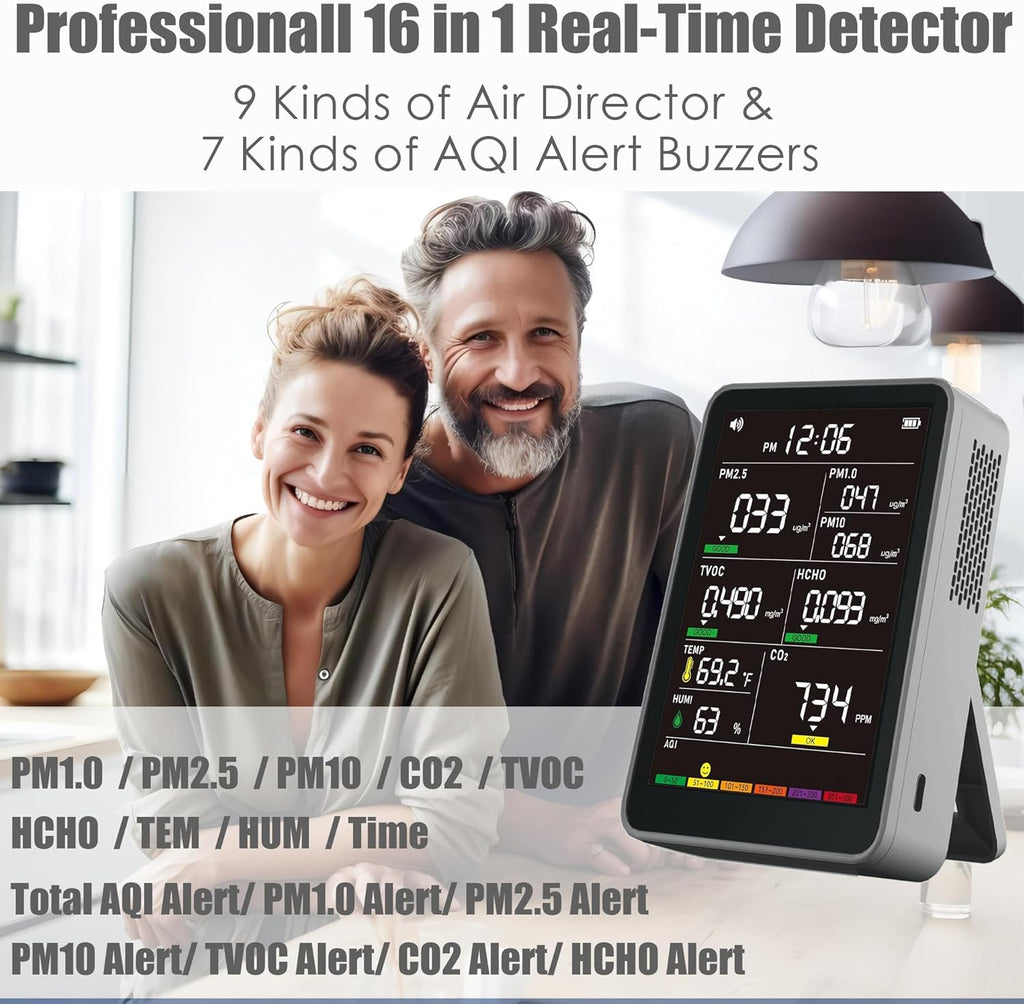 Professional Indoor Air Quality Monitor with AQI, Portable Real-Time Detector for Home Cars Plants and Pets (Gray)