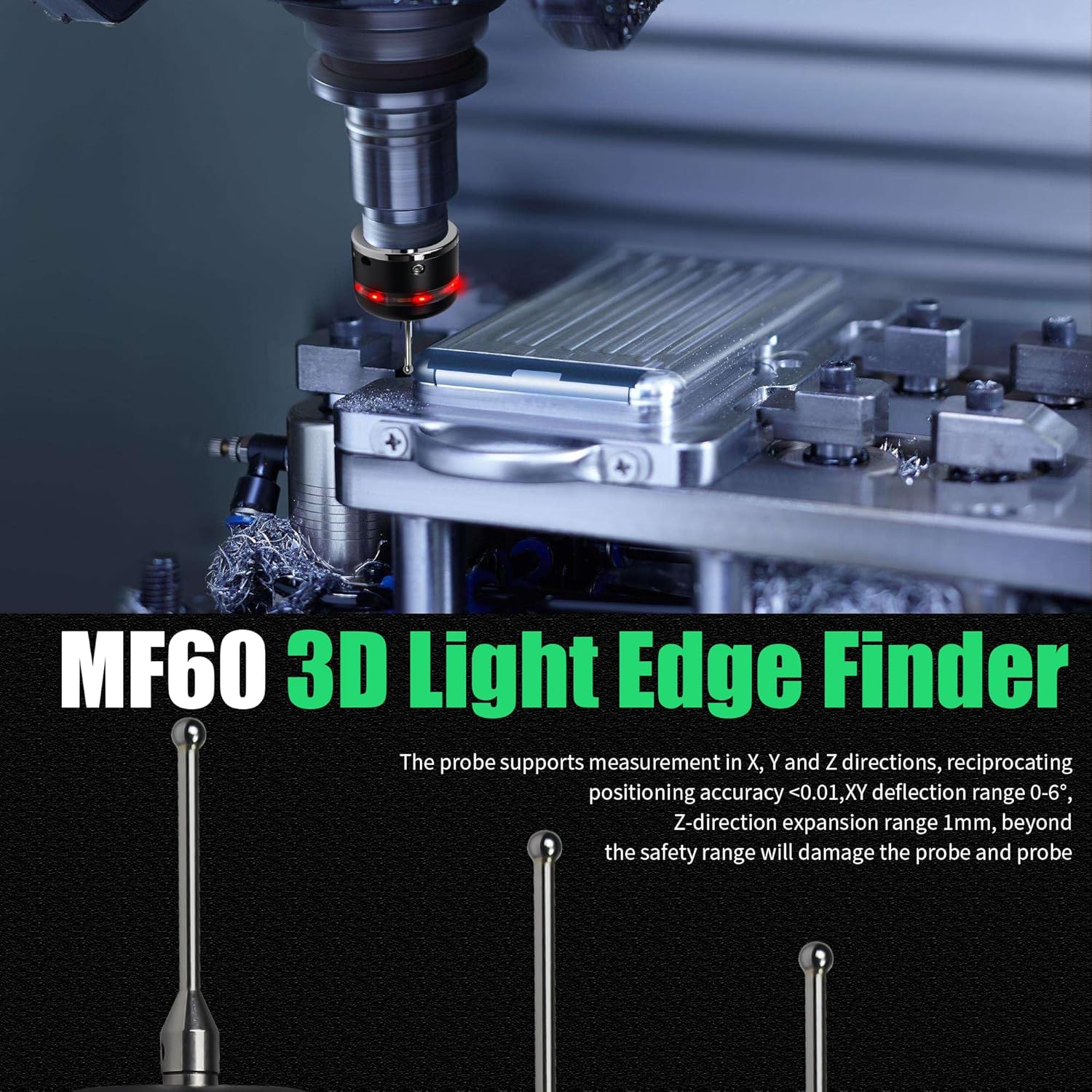 3D Touch Probe Edge Finder Trigger Finder,X Y Z Axis Measurement Centering Rod for Metals, Not Support the Detection of Insulation Materials and Insulating Spindle (Green light)