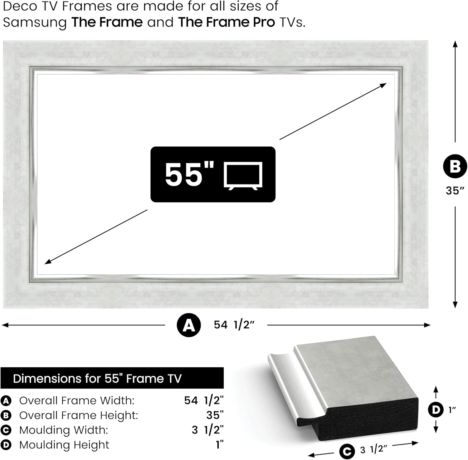 Contemporary Silver 55" Premiere Deco TV Frame - Compatible ONLY with Samsung The Frame TVs (Fits 2021-2025, LS03A, LS03B, LS03C, LS03D, LS03FA)