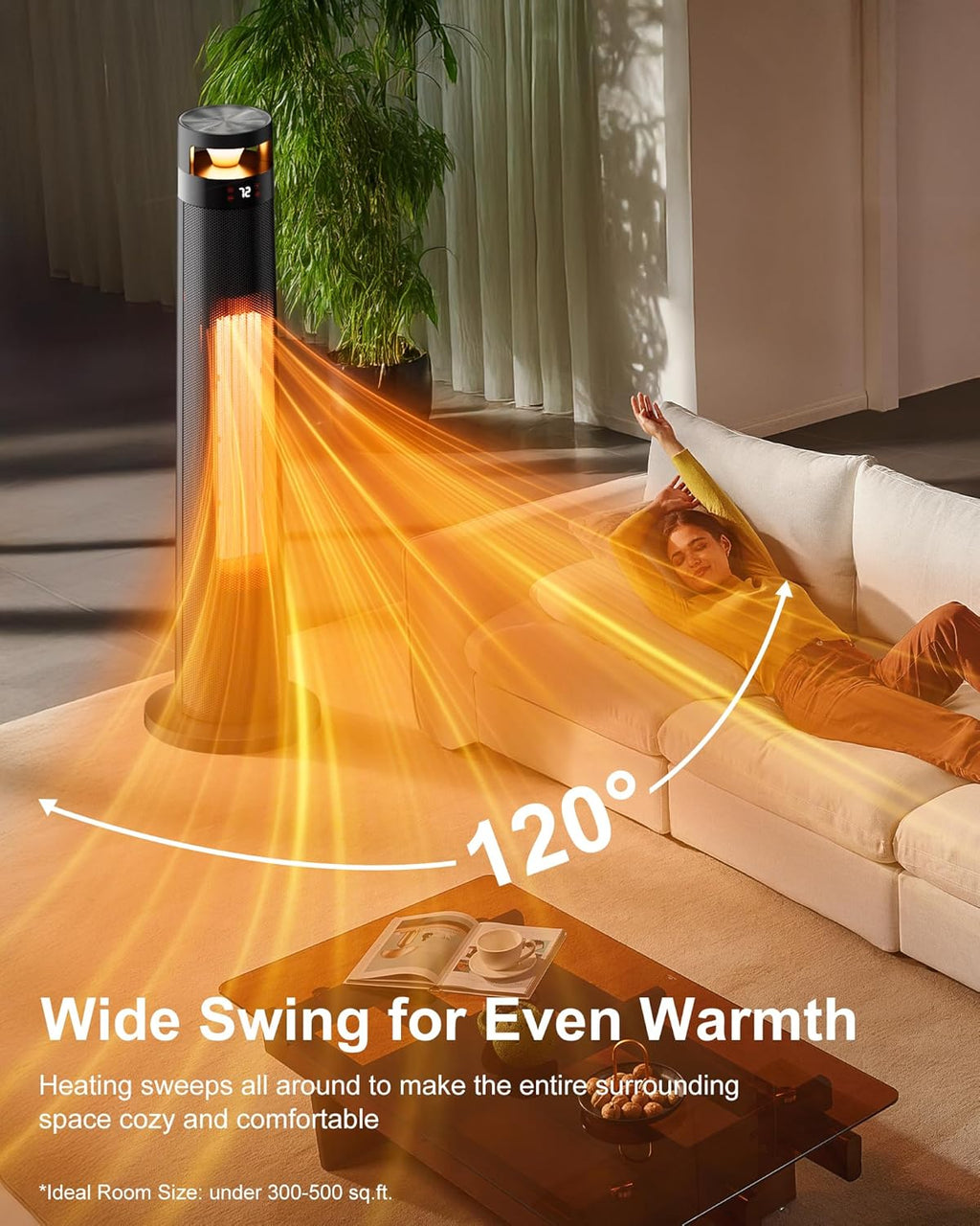 AKIRES 34IN Space Heater Large Room,1500w Space Heater For Indoor Use,120°Oscillating Tower Heater With Thermostat,Remote Control,Overheat & Tip-Over Protection,24H Timer For Large Rooms Black