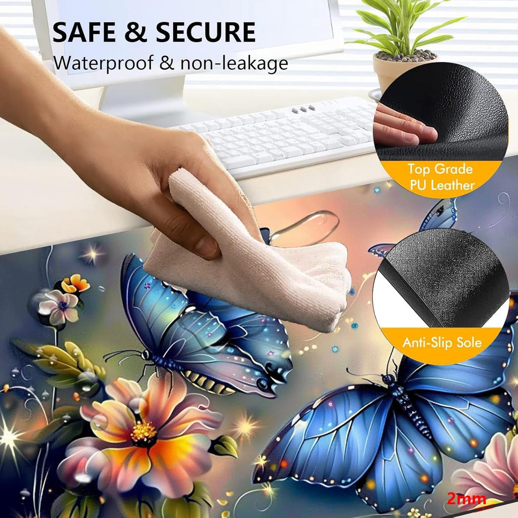 Heated Mouse Pad with 3 Levels Heated & 3 Hours Auto Shut-Off Mouse Pad for Warming Hands in Office Home, 23.6" x 14.2"Large Safe Desk Mat Hand Warmer，Blue Butterfly