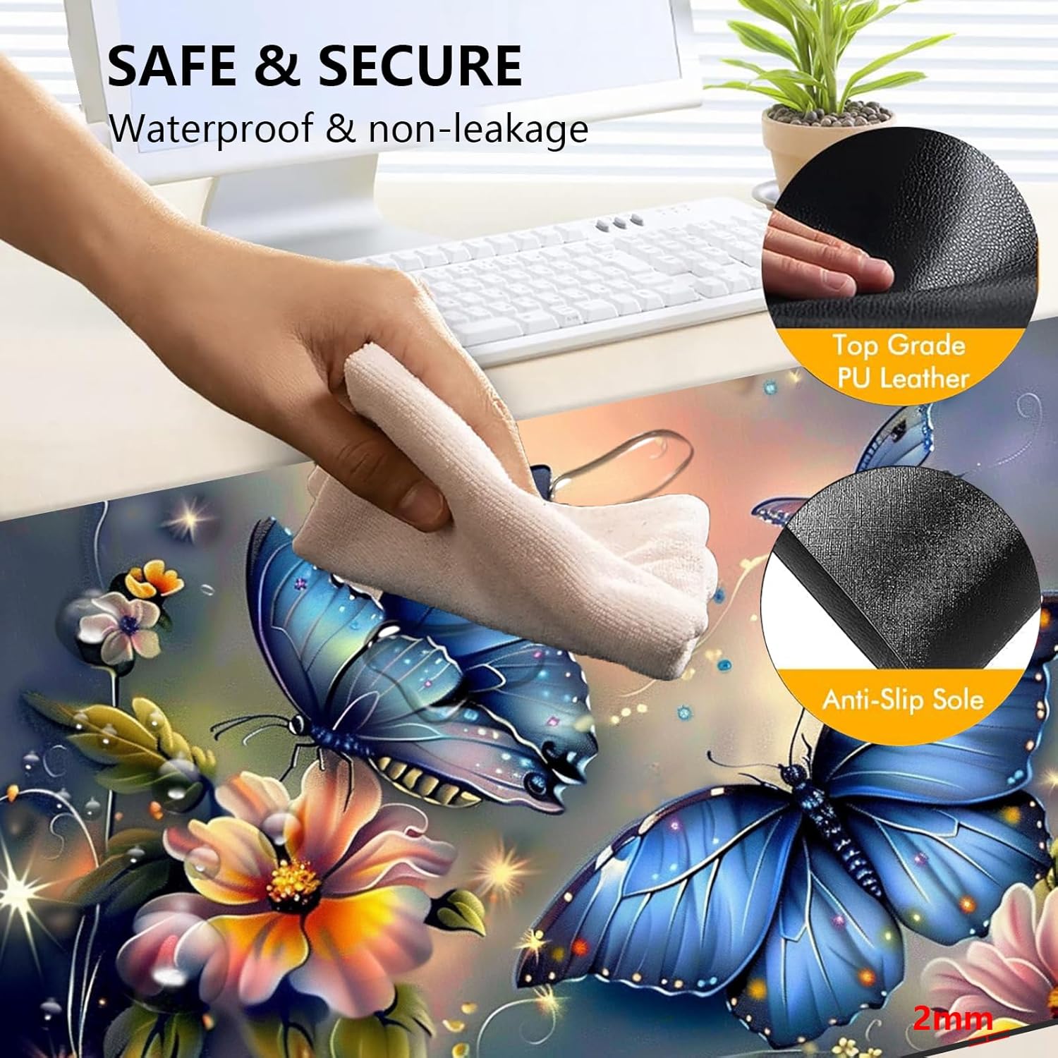 Heated Mouse Pad with 3 Levels Heated & 3 Hours Auto Shut-Off Mouse Pad for Warming Hands in Office Home, 31.5" x 13"Large Safe Desk Mat Hand Warmer，Blue Butterfly
