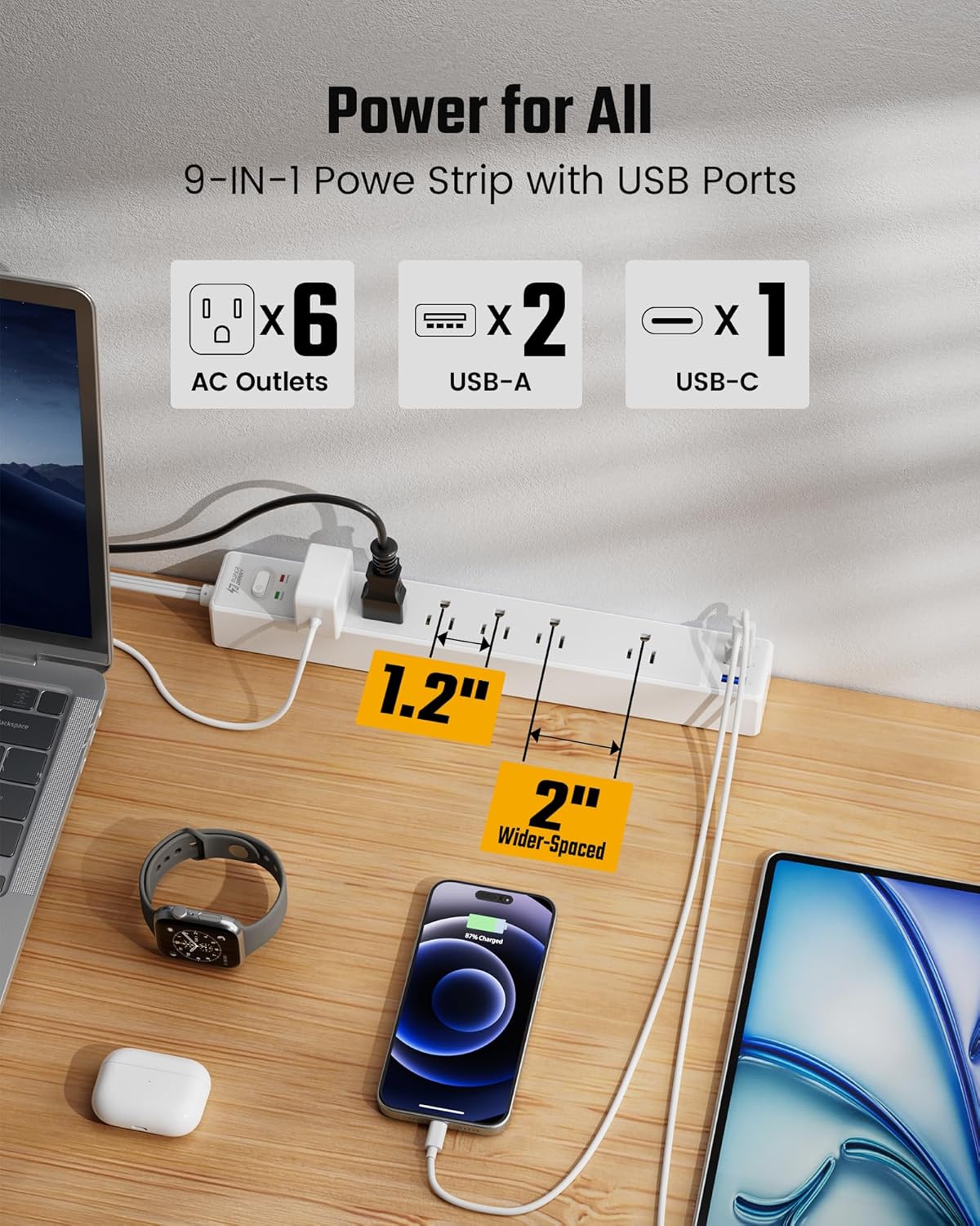15Ft Long Extension Cord, SUPERDANNY Surge Protector Power Strip with 6 Outlets & 3 USB Ports, Flat Plug Power Strip Wall Mountable, Desk Charging Station for Home Office, College Dorm Room Essentials