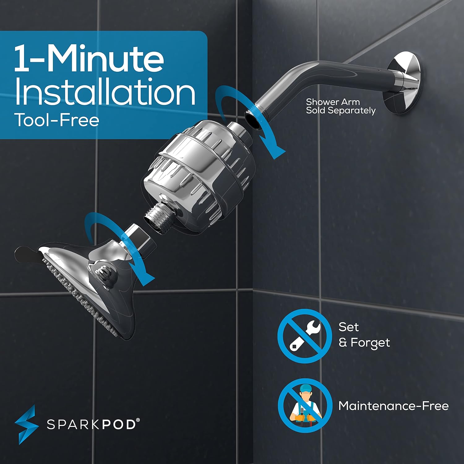 SparkPod 23-Stage Filtered Shower Head with 3 Spray Settings - High Pressure Shower Head with Filters for Dry Hair and Skin - Showerhead with Filter Reduces Chlorine & Heavy Metals (Polished Chrome)