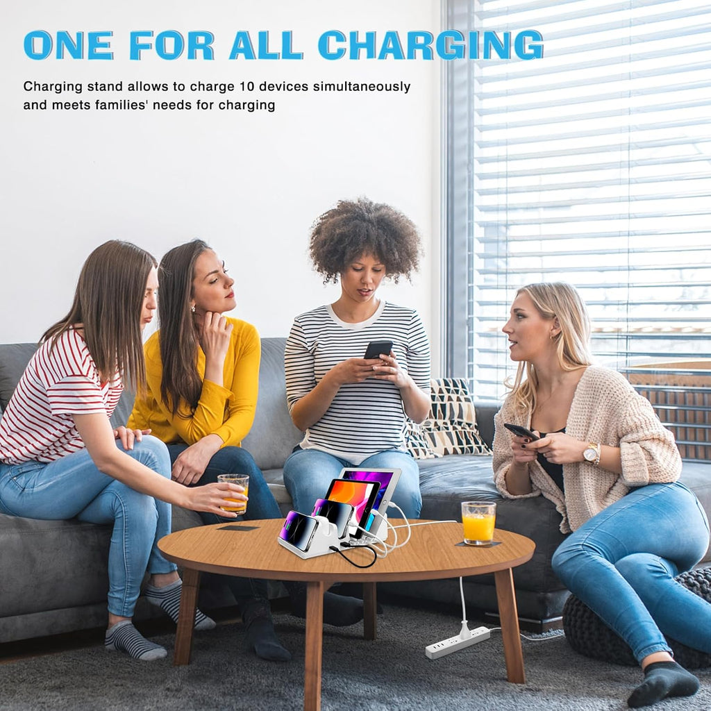 150W 6-Port Charging Station for Home with Fast Wireless Charging for Mobile & Wireless Charging Seats for 2 Airpods (Buds). 65W PD USB-C Port provided for laptops