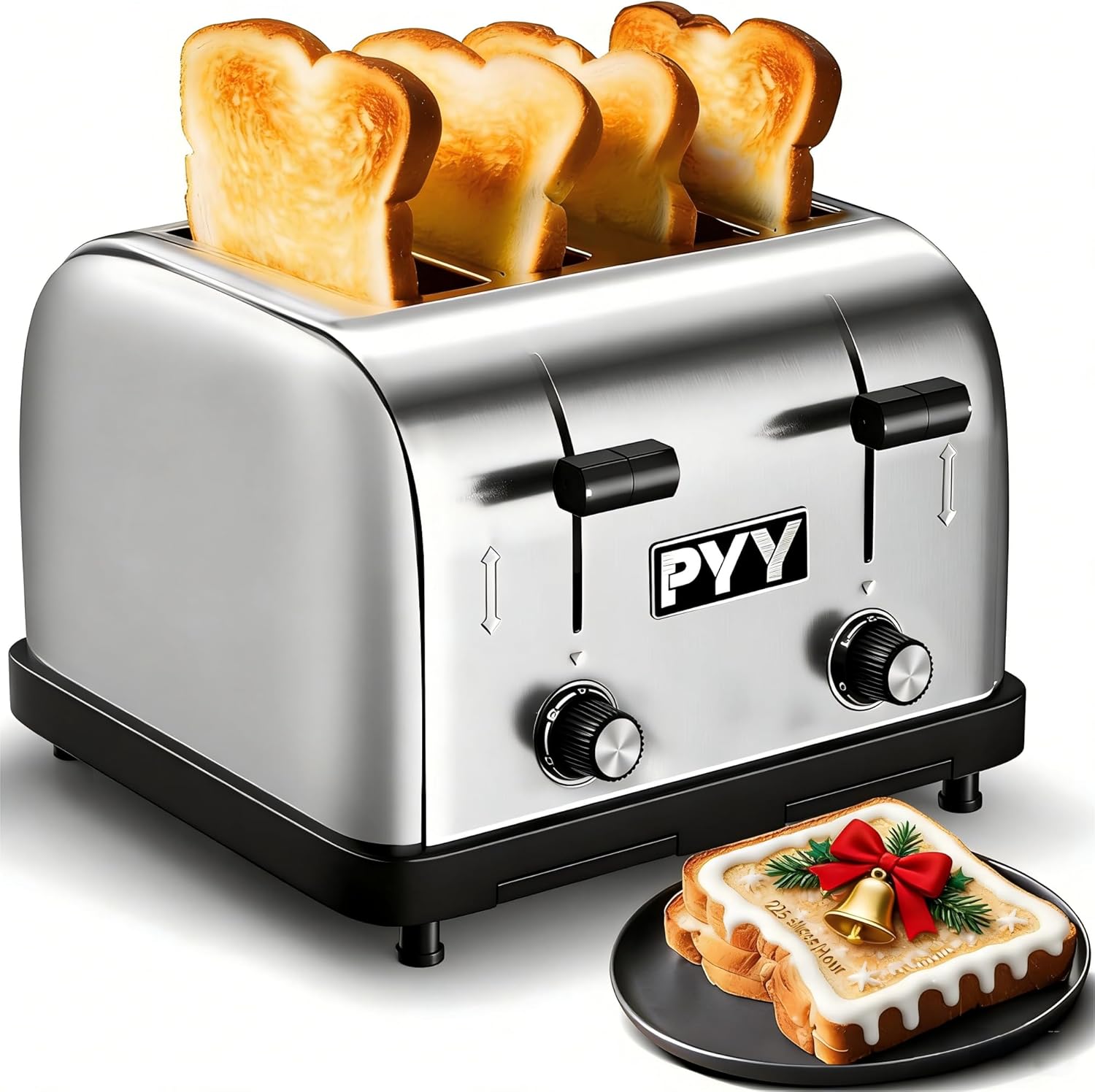 PYY Commercial Toaster 4 Slice for Restaurant - Wide Slots 1.57 inch Stainless Steel 6-Level Setting, with Removable Crumb Tray, 225 Slices/Hour 1800W - Bread, Bagels, Breakfast, Toast