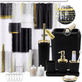 Black and Gold Bathroom Accessories Set, Bathroom Sets with Shower Curtain, Black Bathroom Accessories with Trash Can, Soap Dispenser, Soap Dish, Toilet Brush Holder, Qtip Holders for Bathroom