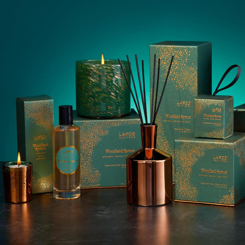 LAFCO New York Holiday Reed Diffuser, Woodland Spruce - 6 oz - Up to 3 Months Fragrance Life - Reusable Glass Vessel - Natural Wood Reeds - Made in The USA