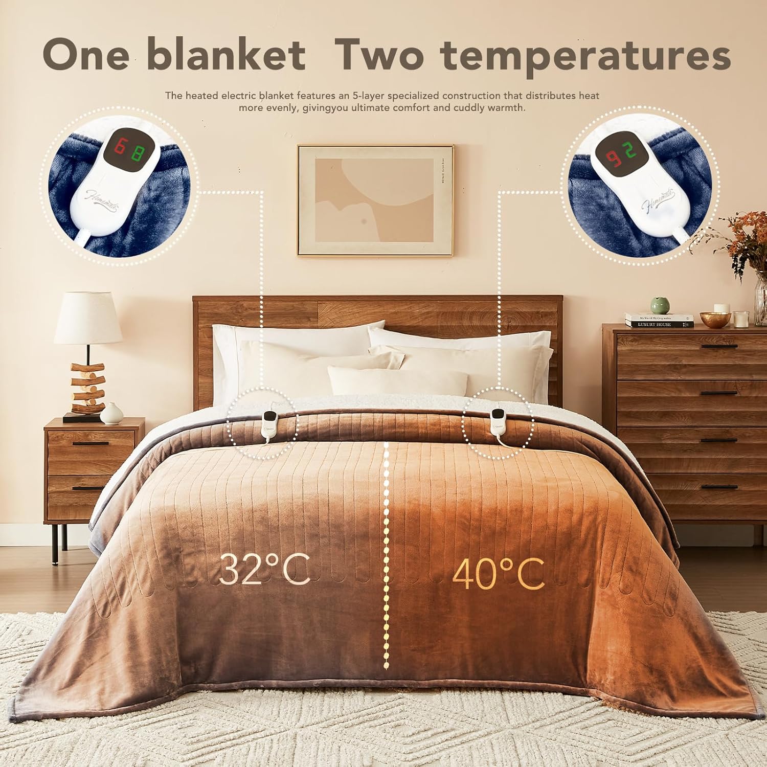 Homemate Electric Heated Blanket Queen - 84"x90" Heating Bed Blankets Throw with 10 Heating Levels 8 Hours Auto Off Fast Heating Over-Heated Protection Ultra Soft Warm Flannel ETL Certified Navy Blue