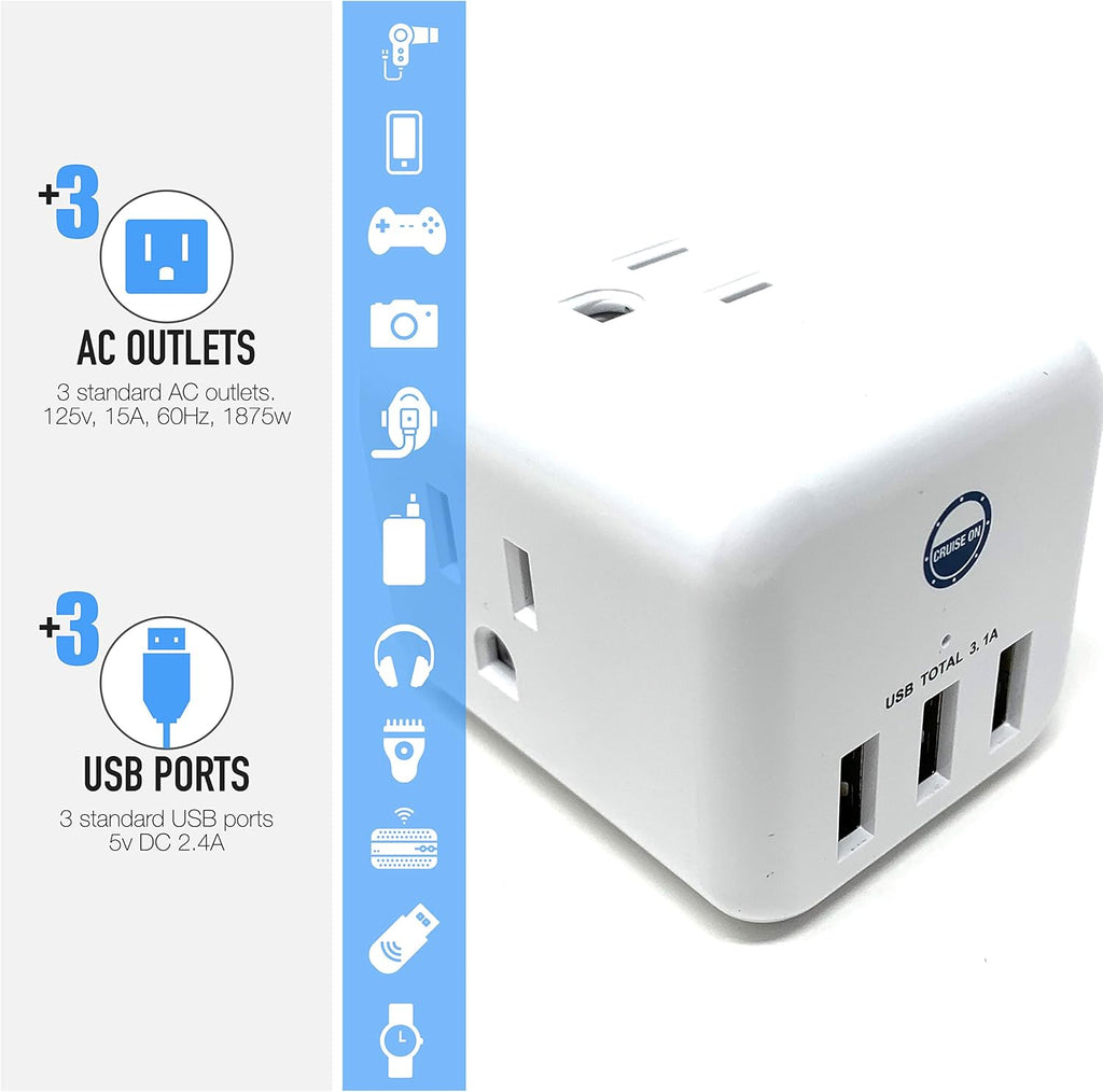 Cruise Approved Power Strip Non Surge Protector for Cruise Ship Multi Plug, 6 Outlets, 3 USB & 3 AC Outlet for Carnival, Celebrity, Princess, Norwegian & Major Lines in 2025 & 2026