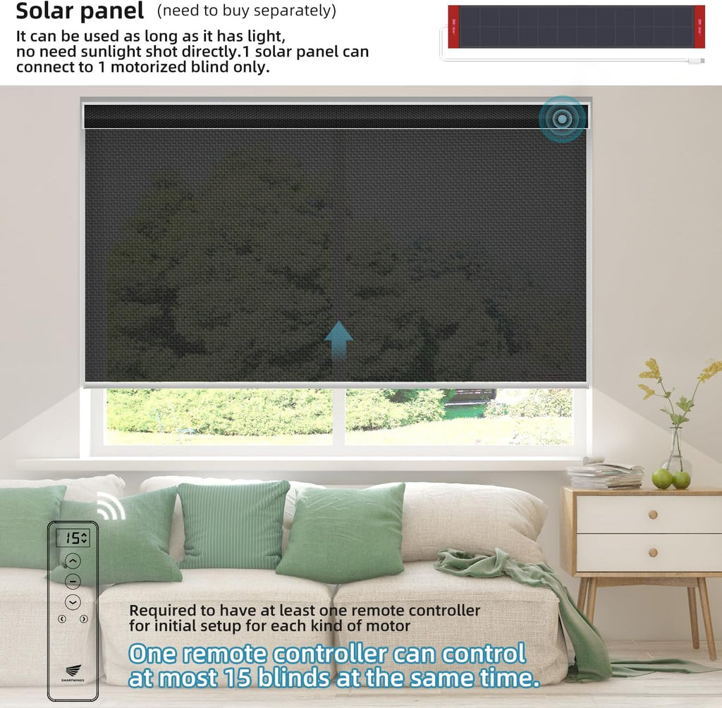 SmartWings Motorized Roller Shades 5% Openness Work with Homekit, Alexa SmartThings Google, Zigbee Motor Smart Blinds for Windows, Cordless Remote Window Shades, Rechargeable, Customized, Black