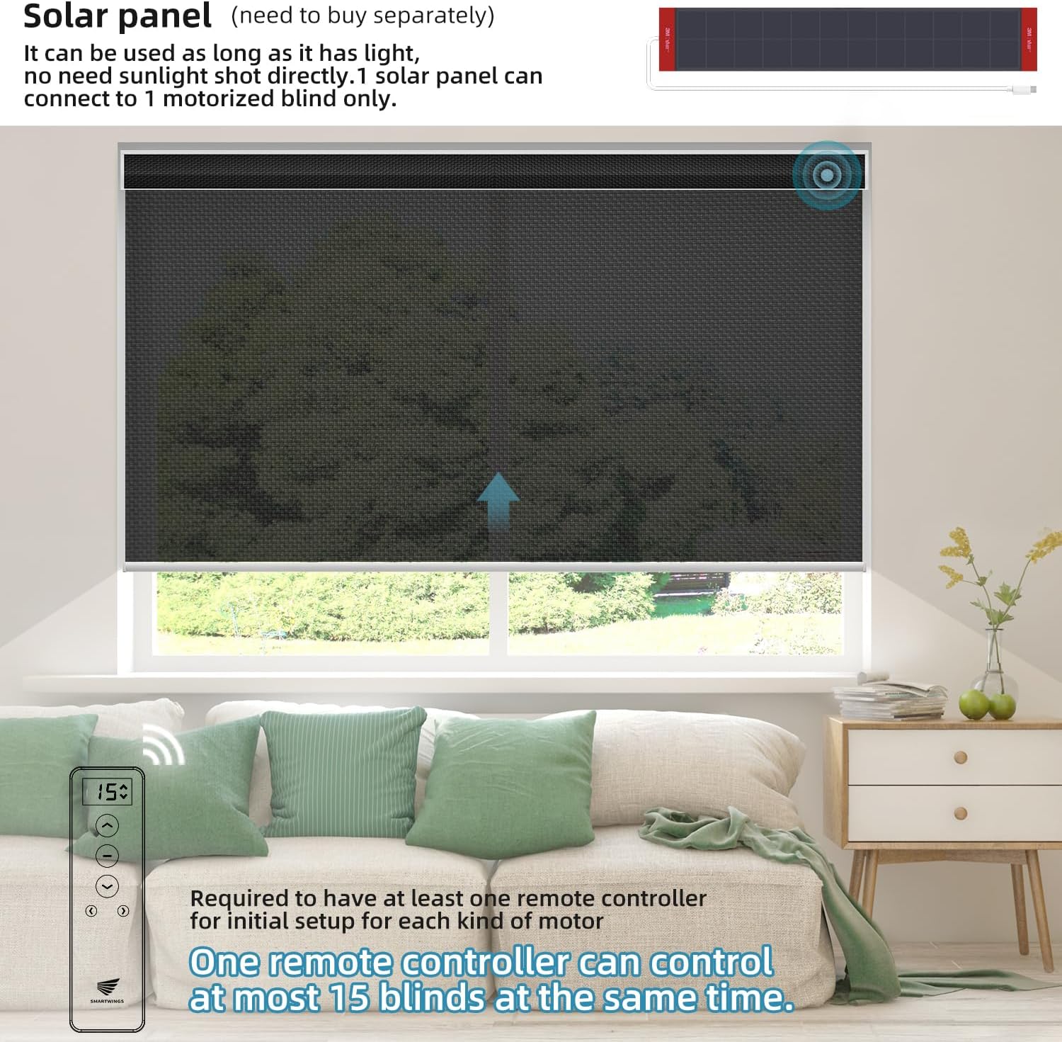 SmartWings Motorized Roller Shades 5% Openness Work with Homekit, Alexa SmartThings Google, Zigbee Motor Smart Blinds for Windows, Cordless Remote Window Shades, Rechargeable, Customized, Black