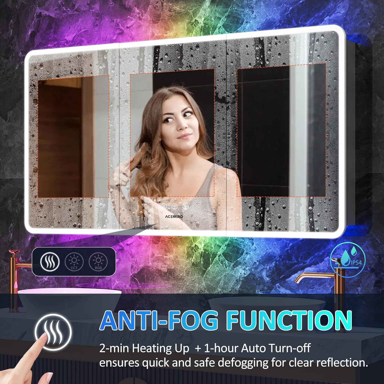 60×32 Inch Lighted Medicine Cabinet with Mirror, RGB Backlit LED Medicine Cabinet with 3-Color Front Lights, Bathroom Mirrored Cabinet with Electrical Outlet, Defogger, Three Door