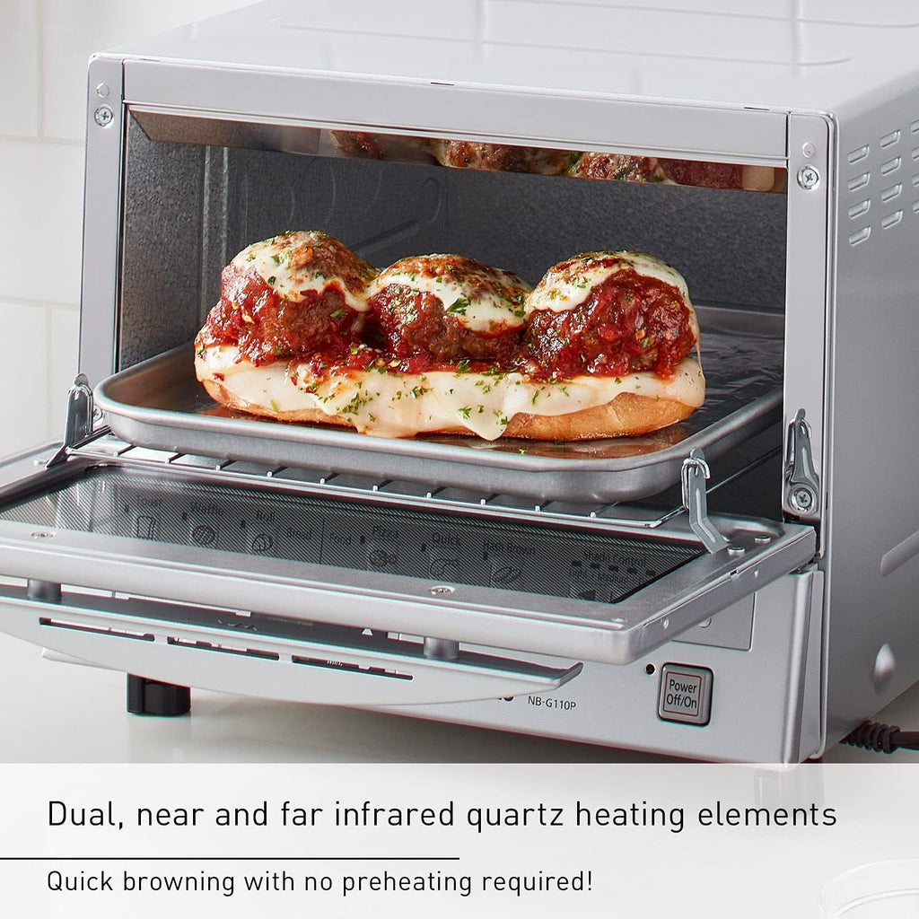 Panasonic FlashXpress Toaster Oven Countertop, 4-Slice Small Toaster Oven Compact Size with Double Infrared Heating, 6 Auto Cook Options and Precise Temperature Control, 1300W - NB-G110P (Silver)