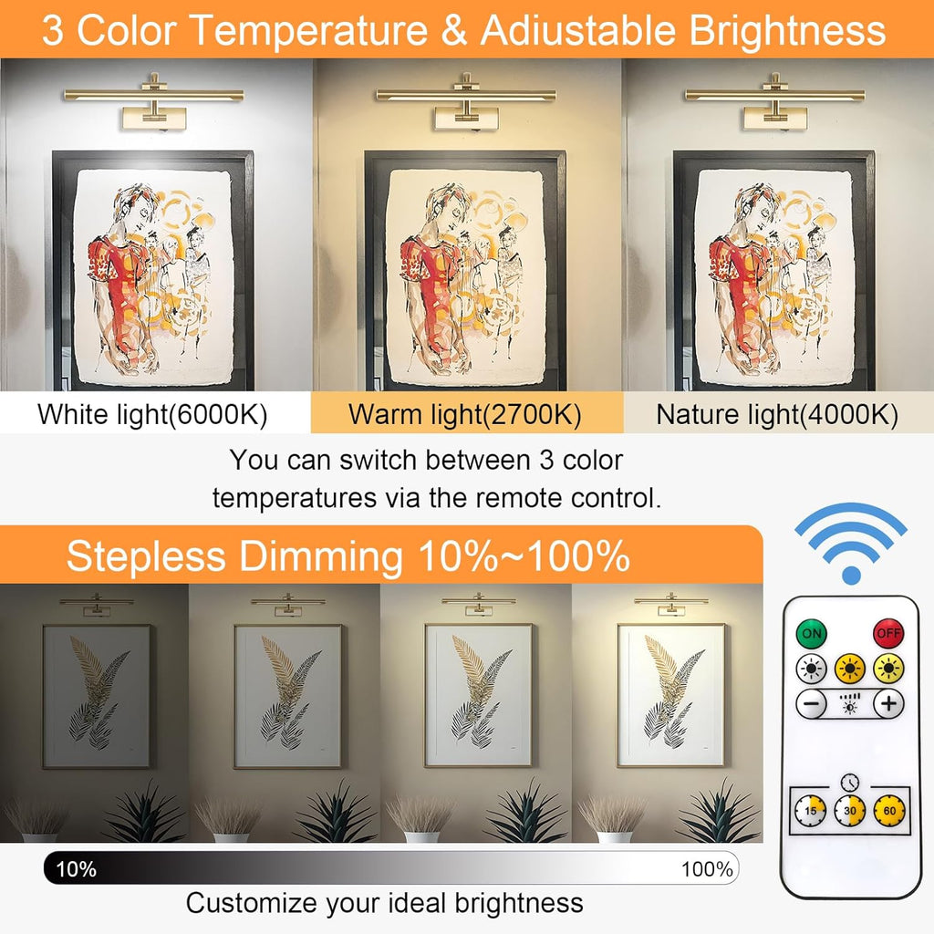 Wireless Picture Lights for Wall Rechargeable, Battery Operated Art Light for Paintings, 3CCT Dimmable, 15.7" Brass Finish with Remote, Rotatable Gallery Light for Pictures Display