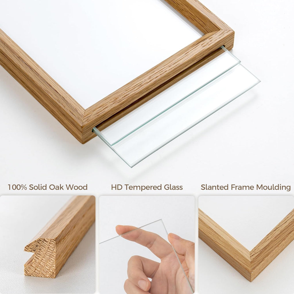 Axeman 8x8 Floating Picture Frame - Solid Oak Wood Square Picture Frame, Double Tempered Glass Photo Frame 3x3 4x4 5x5 6x6 8''x8'' Wood Frame, Wall Mount Or Tabletop Standing, Natural