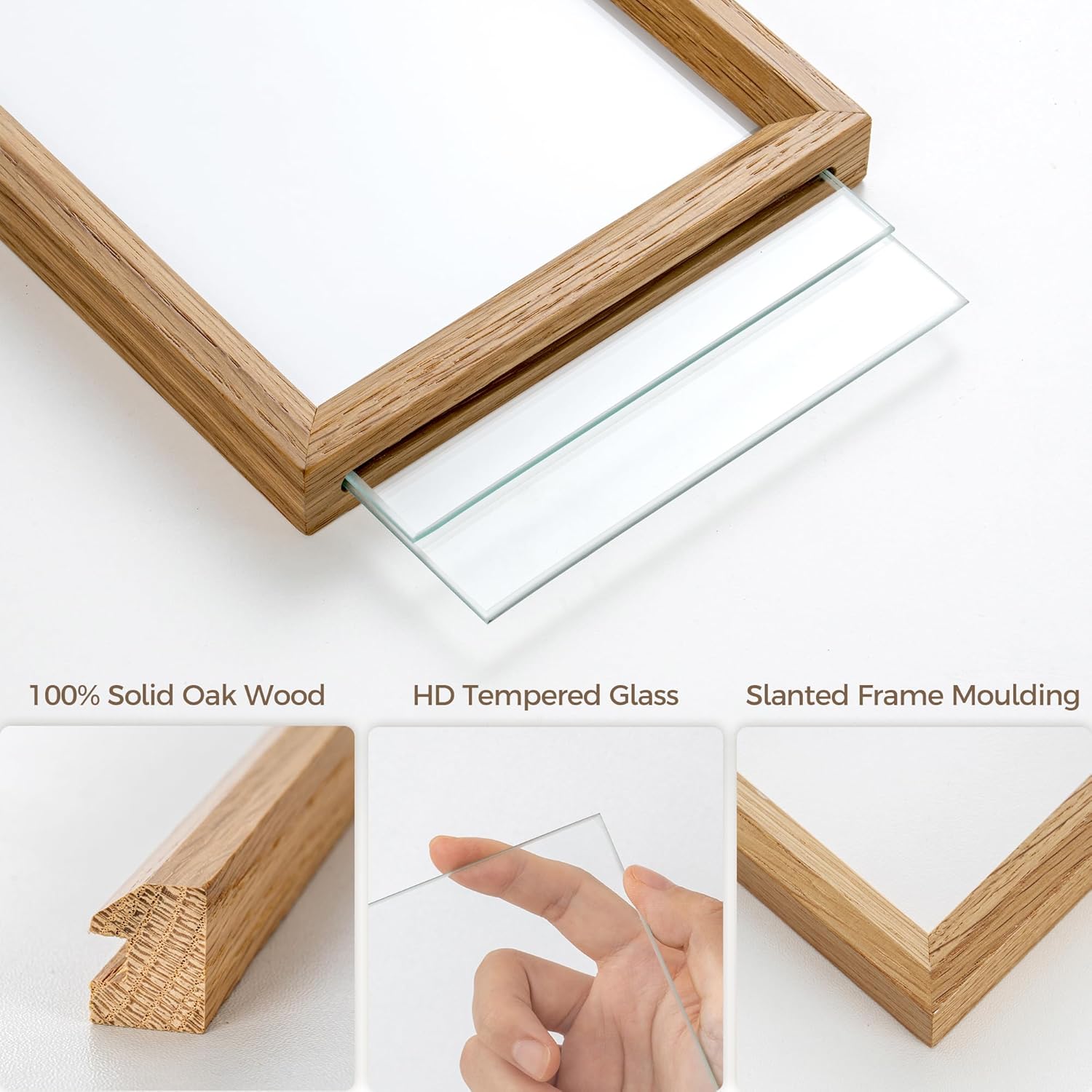 Axeman 8x8 Floating Picture Frame - Solid Oak Wood Square Picture Frame, Double Tempered Glass Photo Frame 3x3 4x4 5x5 6x6 8''x8'' Wood Frame, Wall Mount Or Tabletop Standing, Natural