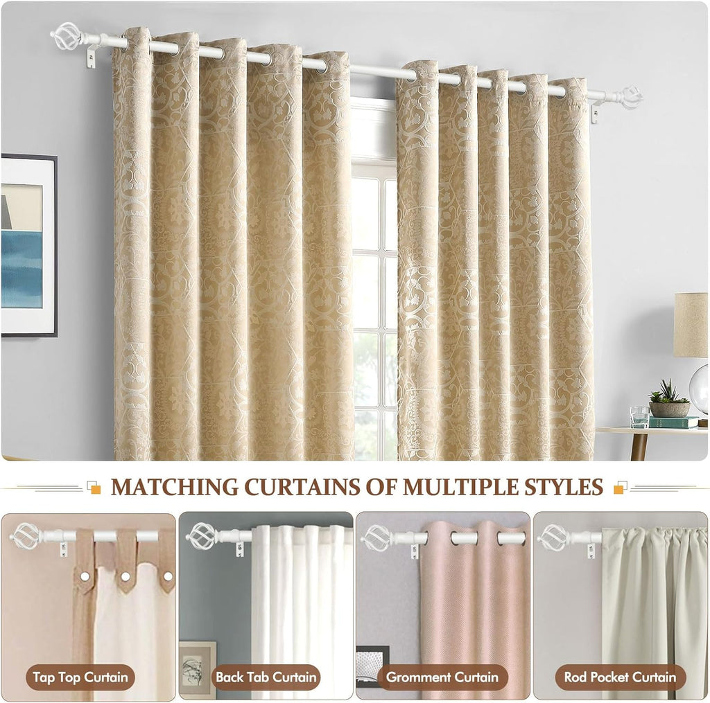 KAMANINA White Curtain Rods for Windows 48 to 84 Inch, Adjustable Single Curtain Rod 32 to 86 Inch(2.6-7.1ft), 3/4 Inch Splicing Drapery Rods with Twisted Cage Finial