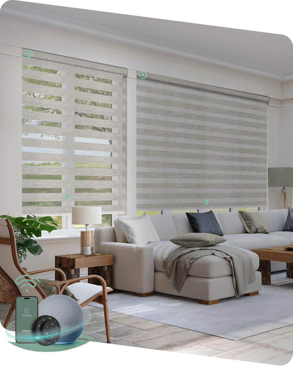 Yoolax Motorized Zebra Blinds Compatible with Alexa, Smart Dual Layer Shades with Privacy Light Control, Electric Horizontal Window Blind Customized Size for Home Office (Warm Silver)