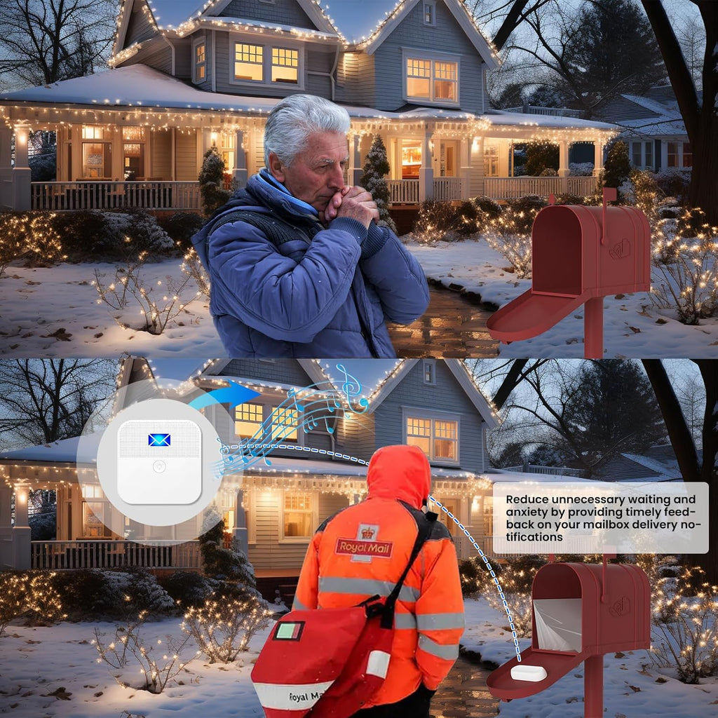 Mailbox Alarm, Wireless Long Range Mailbox Alert, Mailbox Chime Notification System 600 ft Long Range LED Light Flashing and Sound Reminderser Station for Delivered Mail