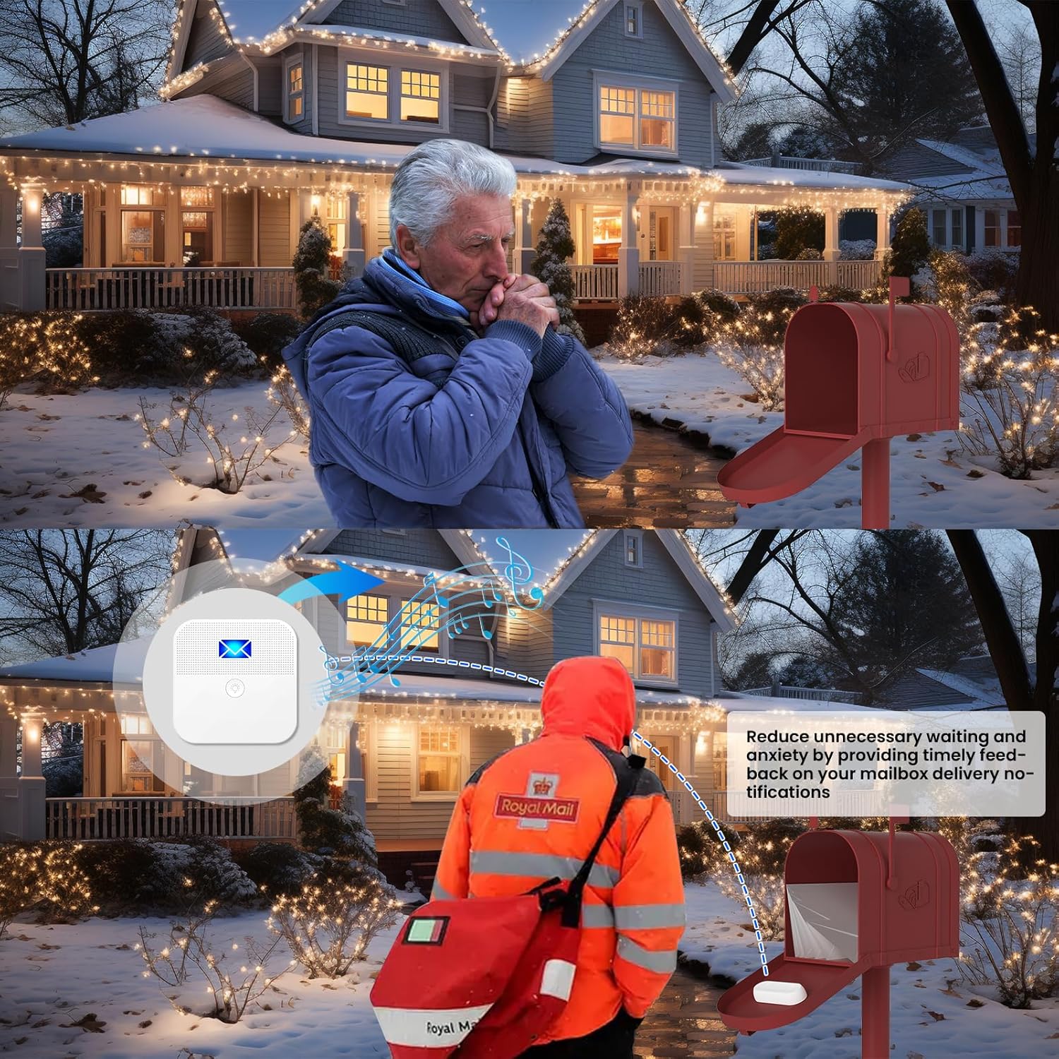 Mailbox Alarm, Wireless Long Range Mailbox Alert, Mailbox Chime Notification System 600 ft Long Range LED Light Flashing and Sound Reminderser Station for Delivered Mail