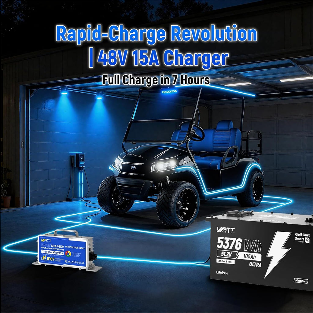 Wattcycle 48V 105Ah Golf Cart Batteries, 48V Lithium Battery 250A BMS, IP65 Waterproof Marine Batteries, LiFePO4 Battery 15000+ Deep Cycles, Built-in Bluetooth, Perfect for Home Energy, RV, Solar
