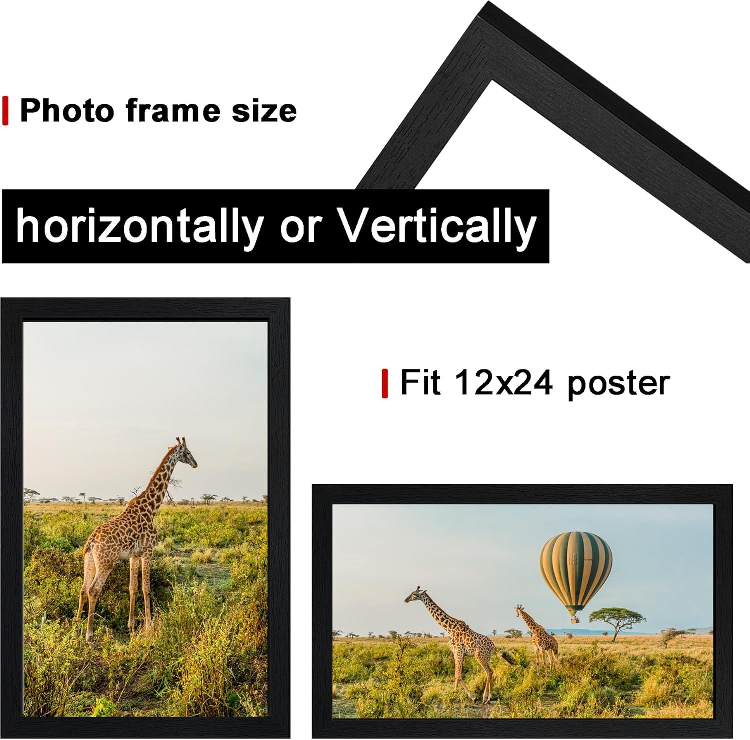 12x24 Picture Frame Set of 3,Wooden Frame 12x24 Wall Gallery Poster Photo frame Black with Durable Shatter Resistant Plexiglass for Wall Mounting 12 by 24 Photos Posters frame -wedding best gift