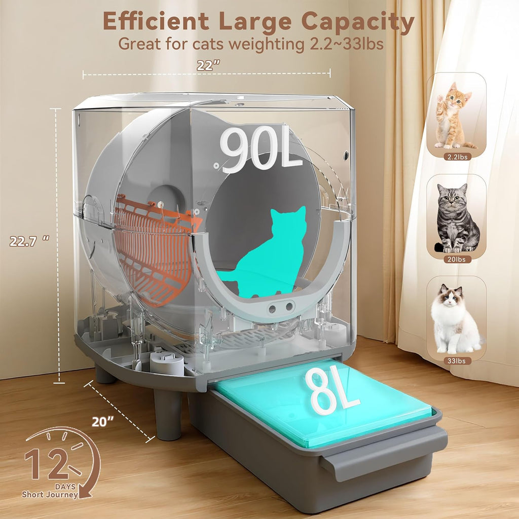Self Cleaning Litter Box for Multiple Cats,90L Automatic Cat Litter Box Self Cleaning App-Controlled,Dual Safety Protection,1 Rolls Garbage Bags,White