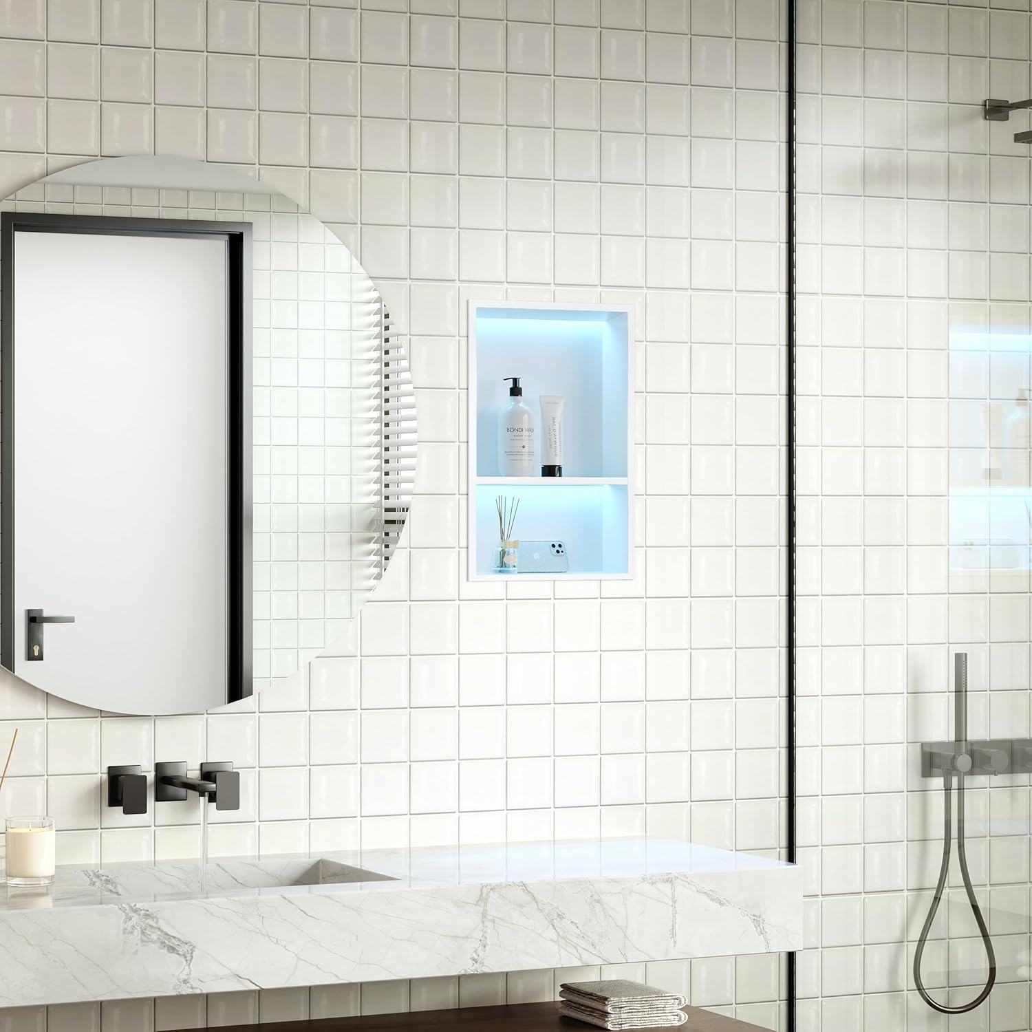 Stainless Steel Shower Niche 12" X 18", No Tile Needed Wall Niche with RGB Led Light, Recessed Shower Shelf for Bathroom Storage Over Mount Installation, Matte White