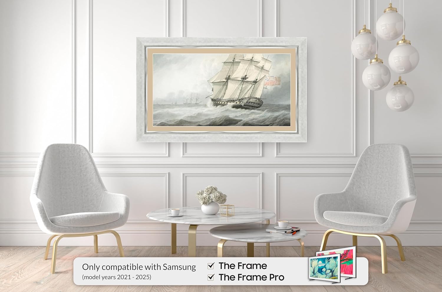 Contemporary Silver 3" Color Chip Premiere Deco TV Frame (32",43",50",55",65",75",85") Compatible ONLY with Samsung The Frame and Pro TVs (Fits 2021-2025, LS03A,LS03B,LS03C,LS03D,LS03FA,LS03FW)