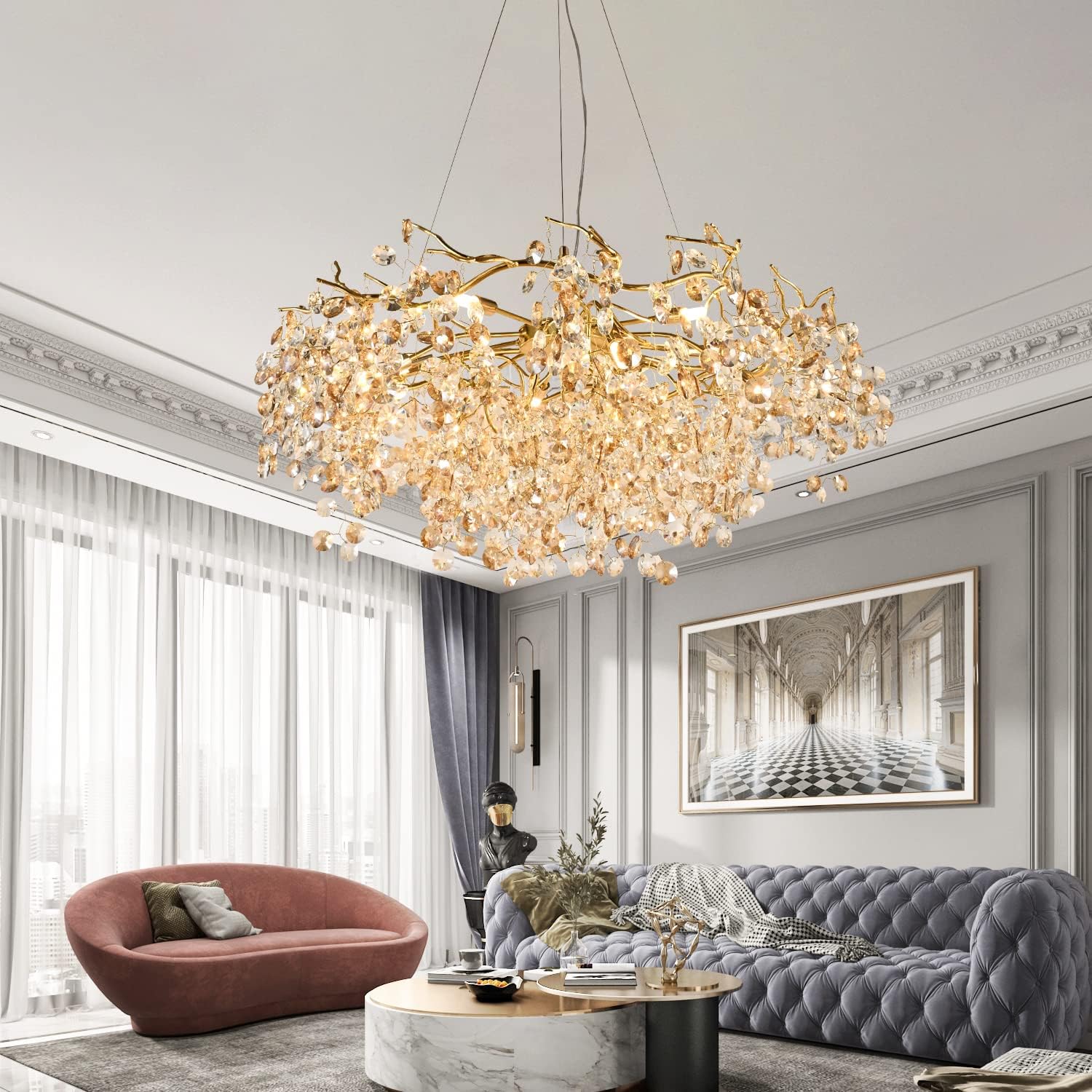 Modern Crystal Chandelier, Rectangular Gold Tree Branch Chandeliers, Luxury Raindrop Ceiling Light Fixture for High Ceiling, Dining Room, Kitchen, Office, Living Room