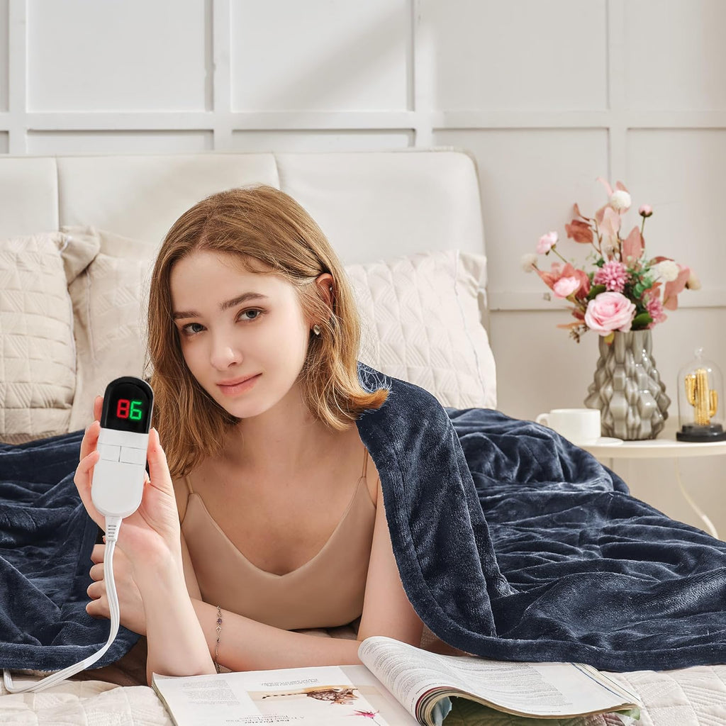 Heated Blanket Twin 62"×84" - Premium Cosy Soft Electric Blanket with 6 Heating Levels,Fast Heating Flannel Sherpa Machine Washable Blanket for Bed & Couch - Auto Shut Off(Navy Blue)