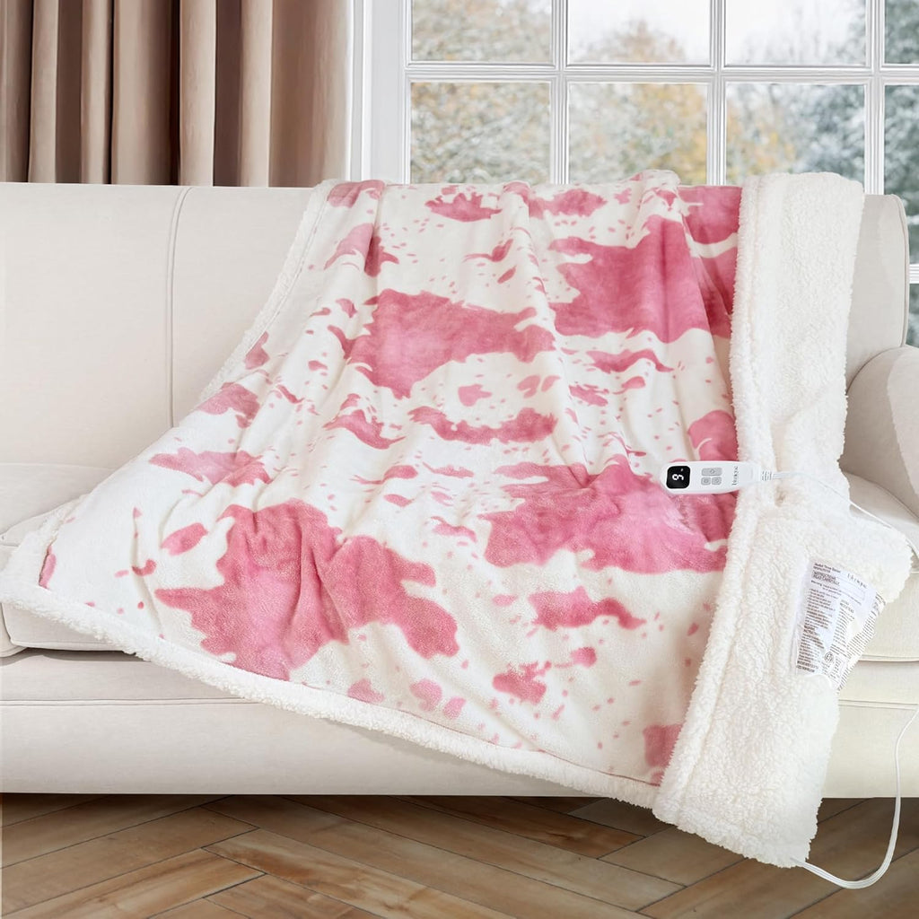 Heated Blanket Throw Electric Blanket with Foot Pocket, GentleSoft Flannel Blanket Throw with 10 Heating Settings,10 Hours Auto Off, Cow Print Cozy Soft, Washable, Warm Gifts (50x62 Inch Pink)