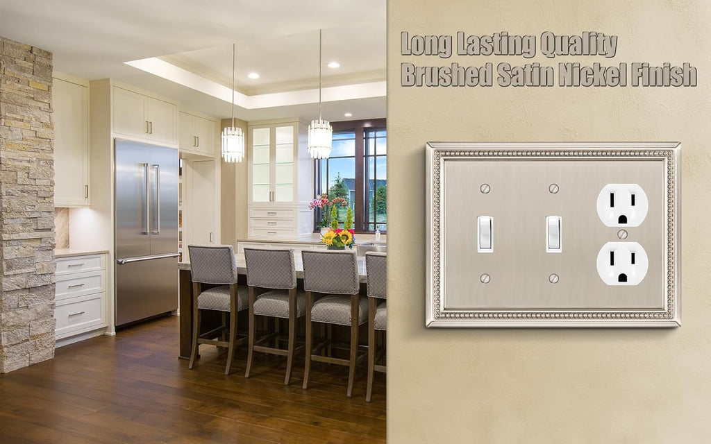 Henne Bery Sunken Pearls Heavy Duty Decorative Wall Plate Switch Plate Outlet Cover (Double Toggle/Single Duplex, Satin Nickel)