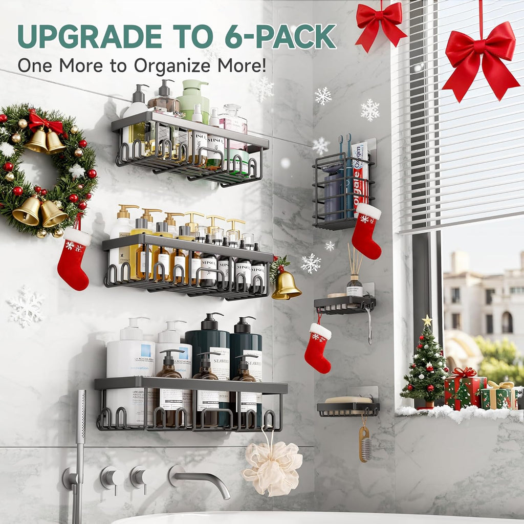 Veken Shower Caddy 6-Pack, Advanced Rustproof Design, No Drilling Adhesive Shelves, Rack with Soap Holder, Large Capacity Bathroom Organizers and Storage, Wall-Mounted Kitchen & Home Decor