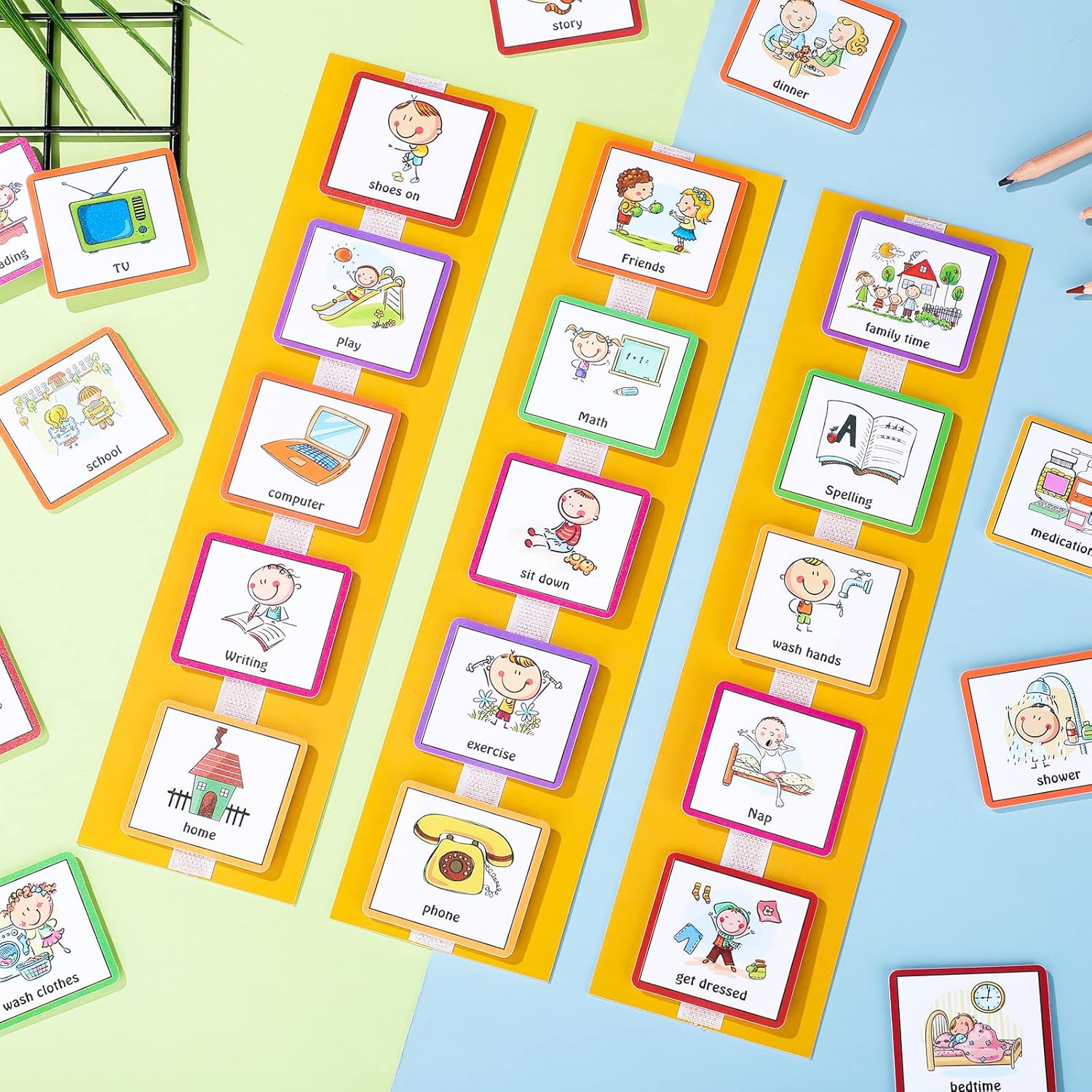 Geyee 60 Pcs Visual Schedule Cards Daily Routine Chart Visual Planner Cards Bulk for Autism Learning Materials Asperger's ADHD Home Education Behavioral Tool(Yellow)