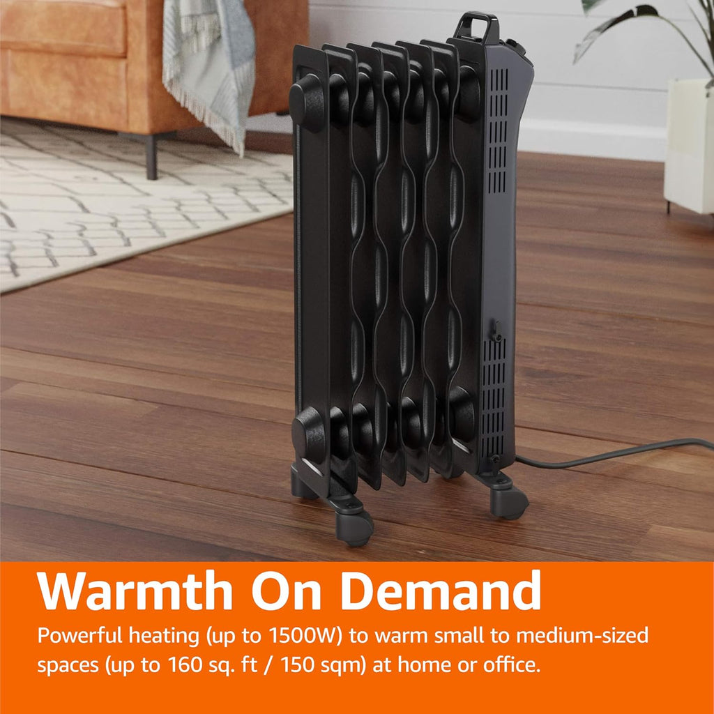 Amazon Basics Oil Space Heater, Portable Radiator Heater with 7 Oil-Filled Fins for Indoor Use, 3 Heat Settings, Thermostat, Tip-Over Protection, ETL Safety Certificate, Manual Control, 1500W, Black