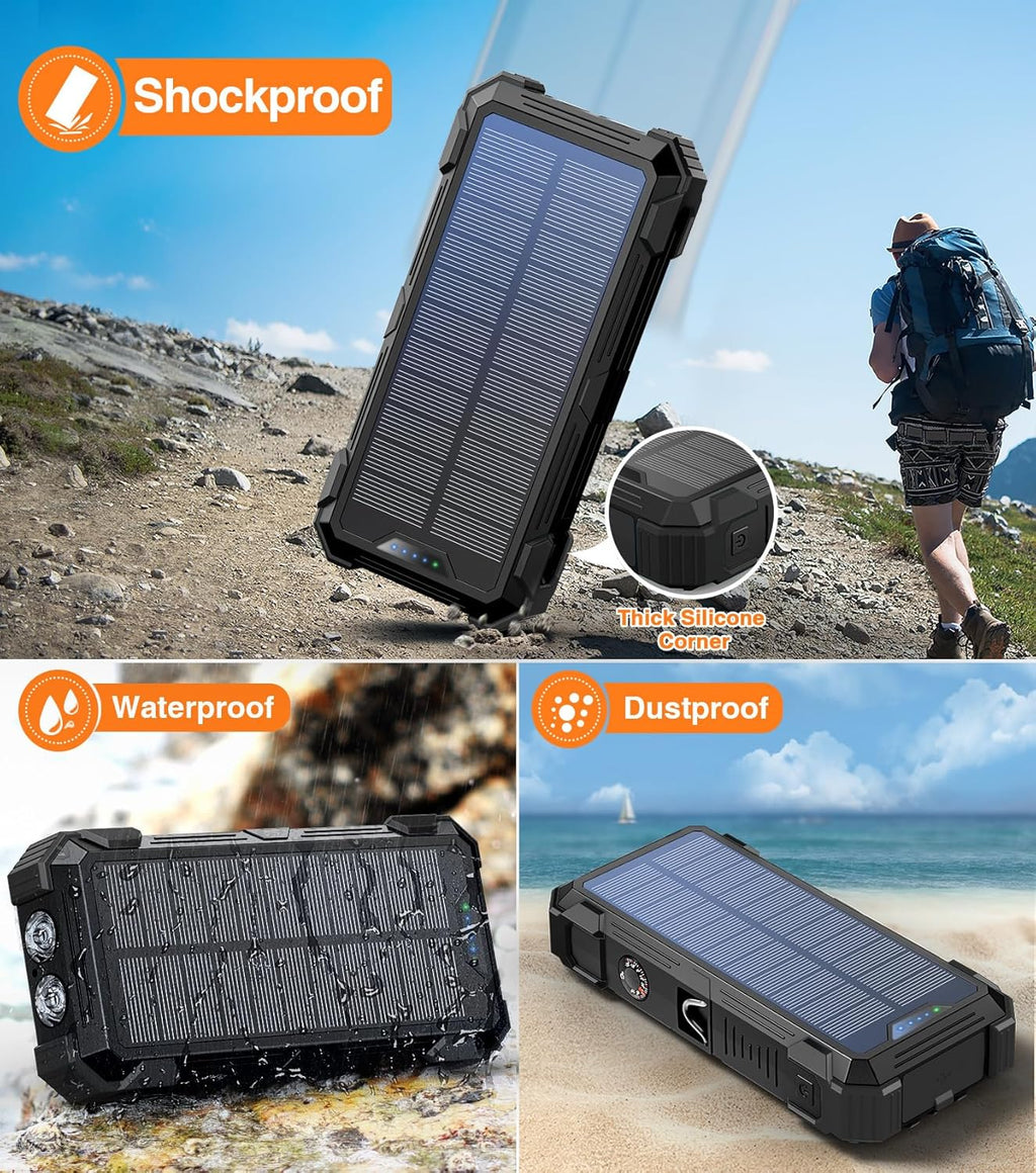 Solar Charger Power Bank, 42800mAh Wireless Portable Charger with USB-C in/Output, QC3.0 Fast Charging 15W 4 Ports Outdoor Battery Pack Built-in LED Flashlight, for iPhone, Galaxy, iPad etc