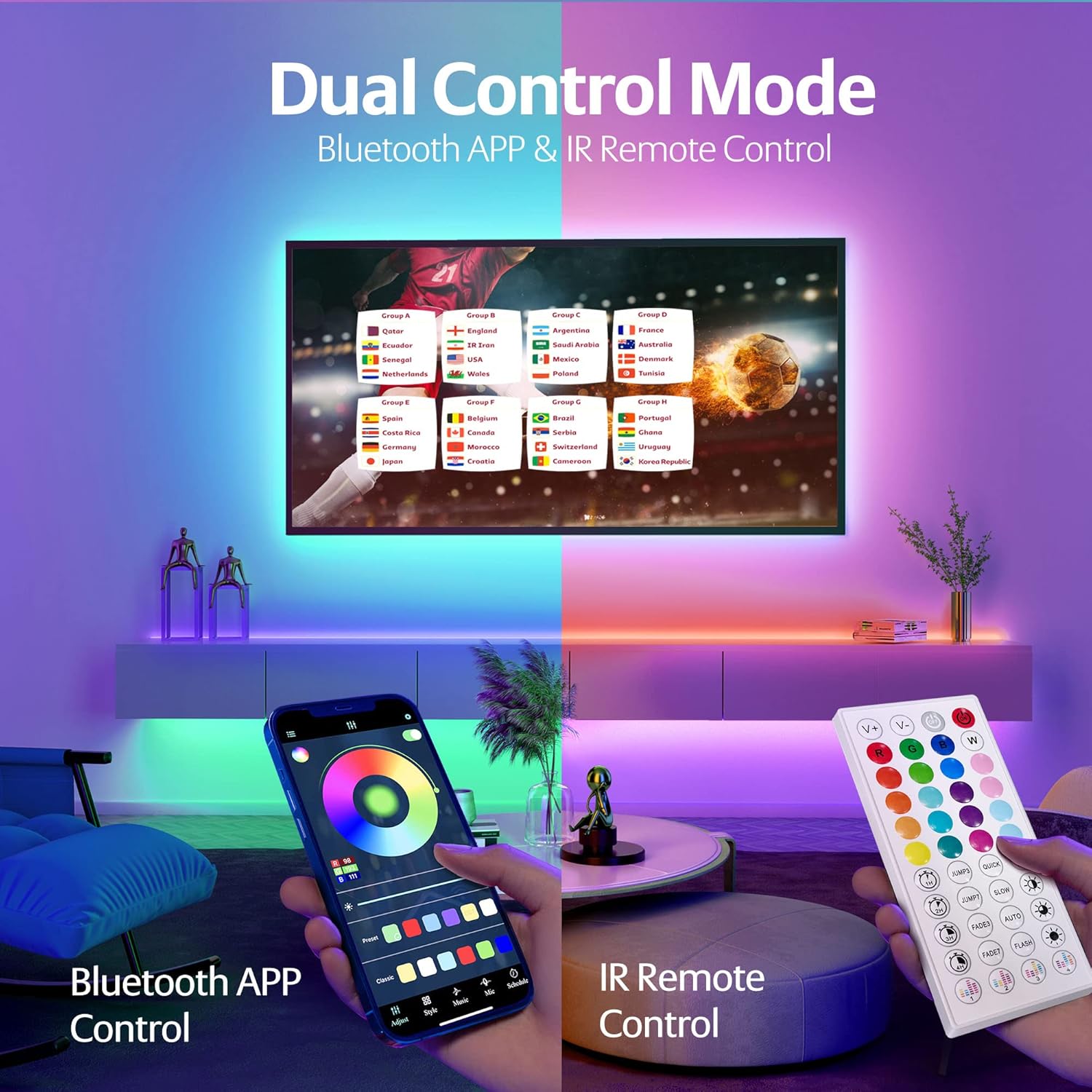 KEELIXIN LED Lights Music Sync RGB LED Strip Lights with APP & Remote Control (50ft)