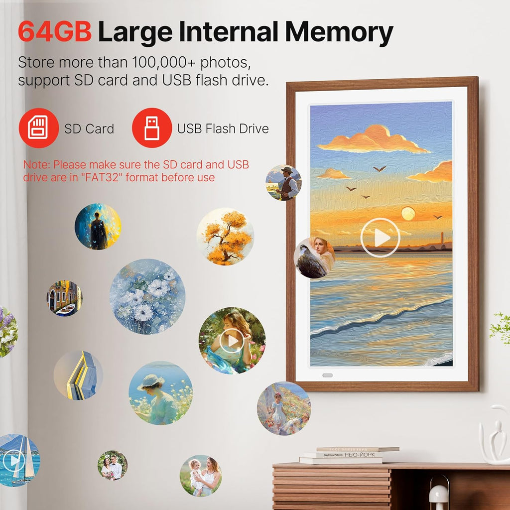 Uhale 21.5" Large Digital Picture Frame with Remote Control, 1920 x 1080 FHD IPS Display Wood WiFi Photo Frames 64GB, Wall Mounted, Auto Rotate, Support USB and SD Card, Instantly Share Photos Videos