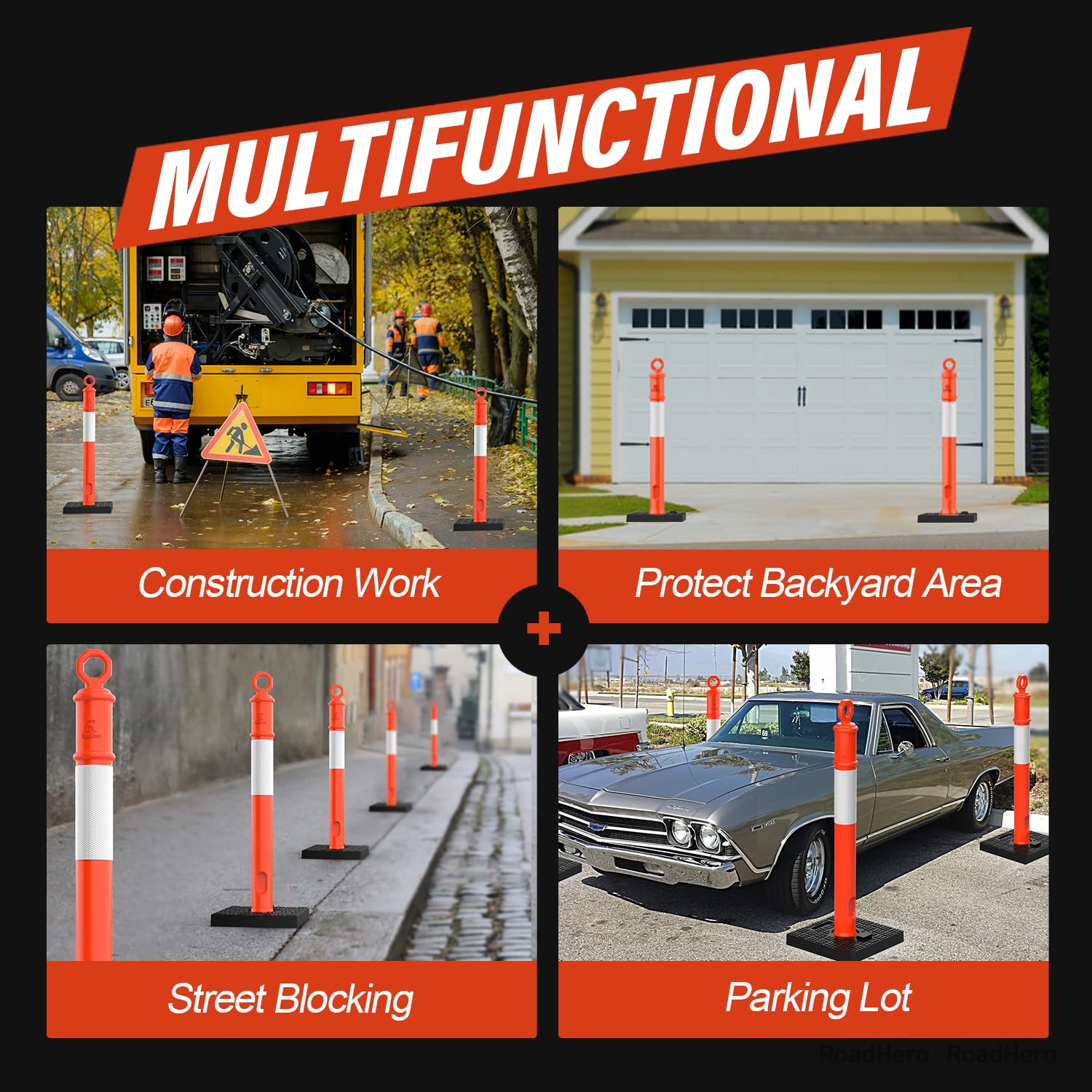 RoadHero 45 Inch Delineator Post with Base, Portable Orange Traffic Delineator Posts Cones with Reflective Collars for Parking Lots, Road Safety, Construction Events 3 Pack
